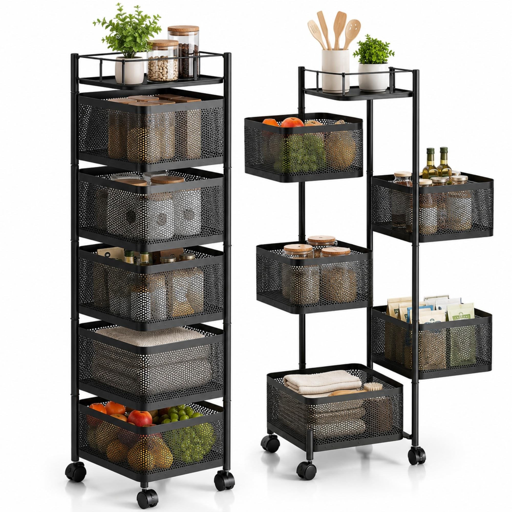 UZIRO Carrito Auxiliar con Ruedas, Verdulero Cocina 90 x 27 x 27 cm con 5 Cestas Giratorias, Ruedas 360° con Bloqueo, Capacidad de Carga de 75 kg, Carrito Organizador, Frutero con Ruedas