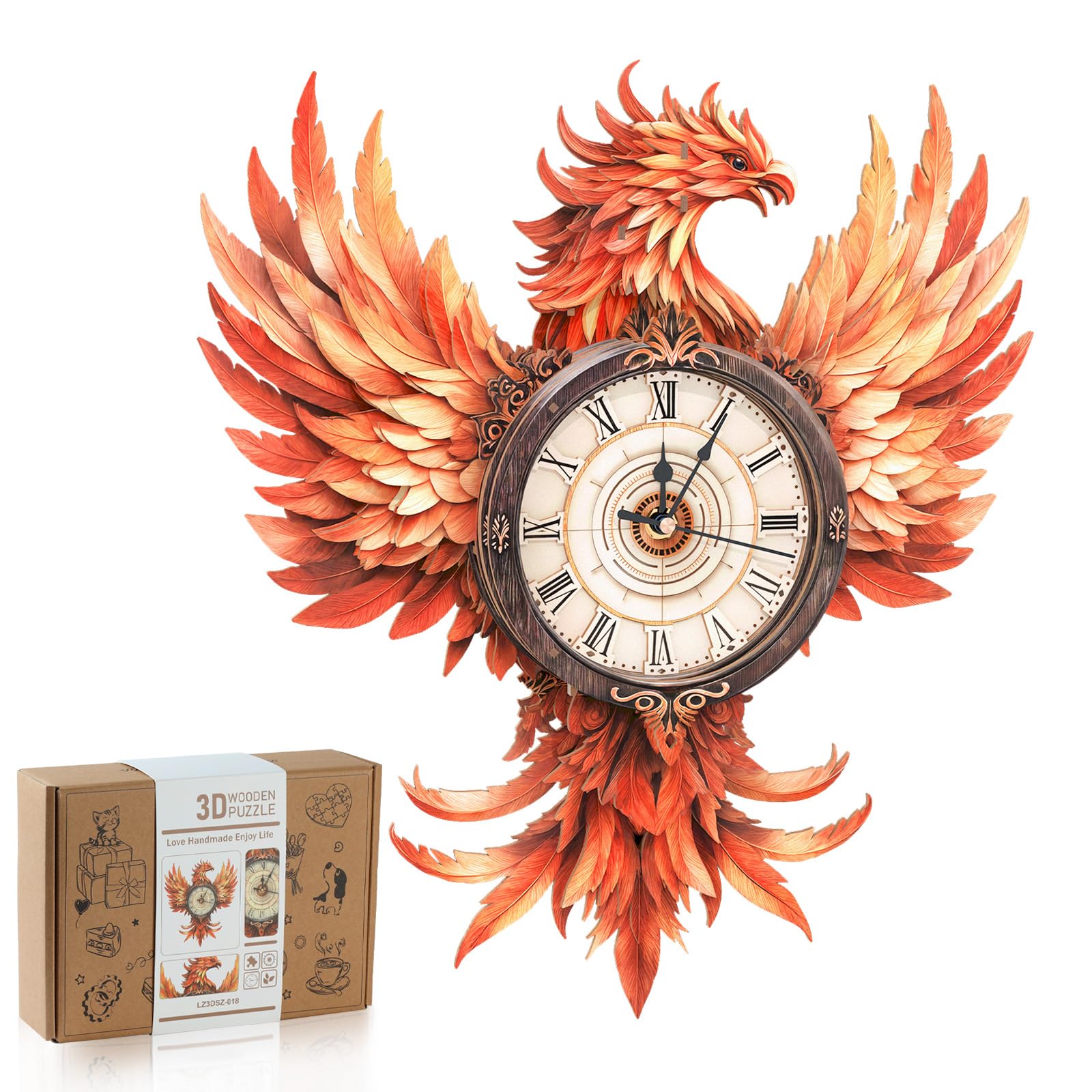 3D Puzzles for Adults-Wooden Fire Phoenix Clock Puzzle DIY Clock Model Kit