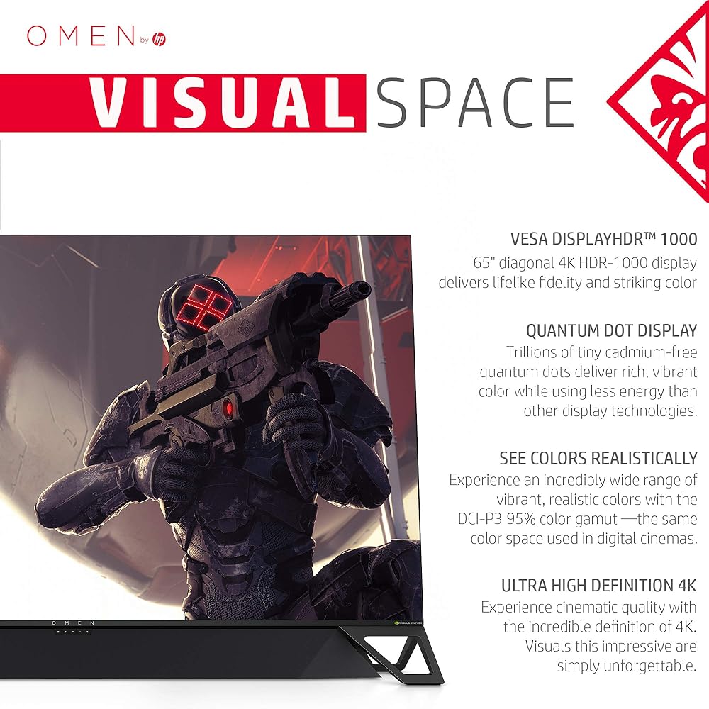 HP Omen X Emperium 65 inch Big Format Gaming Display, NVIDIA G-SYNC HDR, 4K UHD, 144hz Refresh Rate, with 120 Watt Sound Bar thumbnail 2
