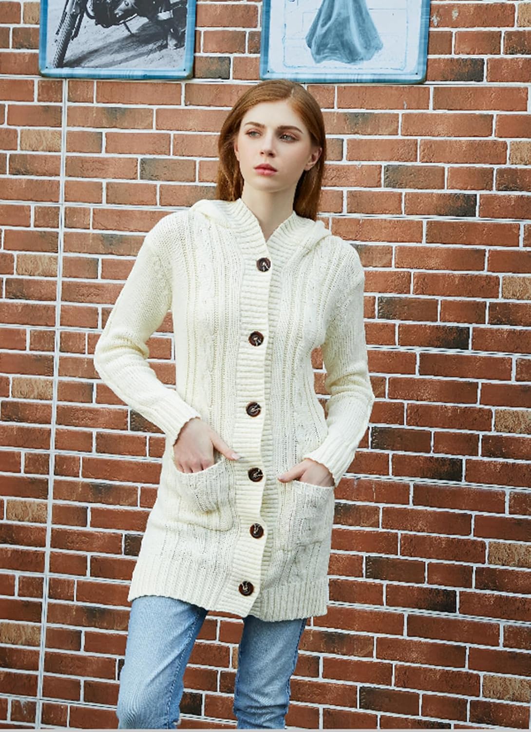 Women's Hooded Open Front Cardigan Long Sleeve Cable Knit Sweaters Outwear with Pockets - Image 4