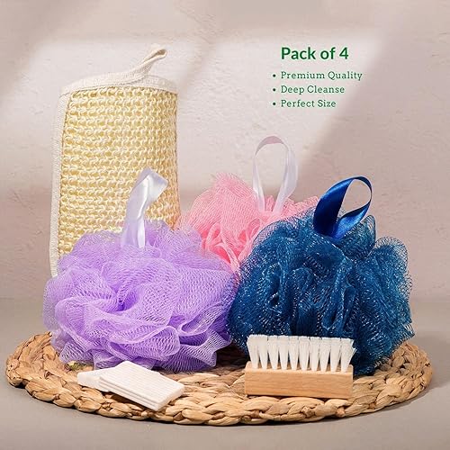 Miniatura 5 de Paquete de 4 esponjas de lufa 3 grandes  guante exfoliante  Esponja de baño natural exfoliante corporal limpiador de ducha para cuerpo lavado