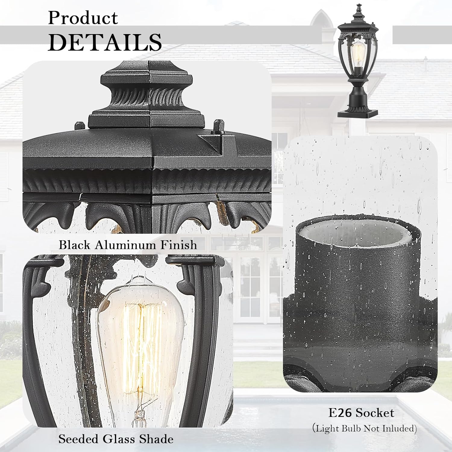 Outdoor Light Post, Retro Waterproof Exterior Lamp Post Light Fixture, Anti-Rust Aluminum Pole Lights Outside with Seeded Glass for Yard Garden Pathway Patio Lawn, Matte Black