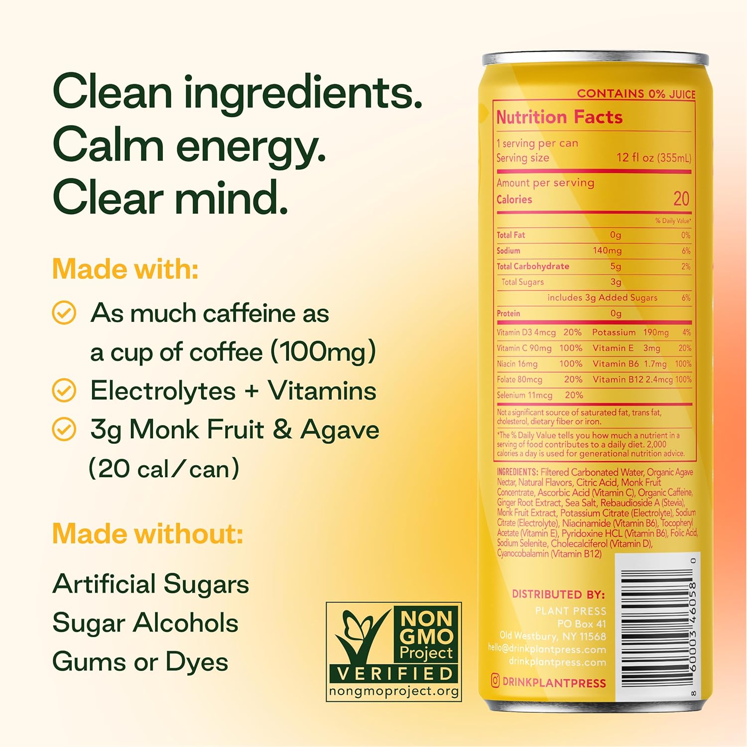 Plant Press - Organic Energy Drink, 100 mg Caffeine Clean Coffee Alternative, Full Range of Vitamins, Electrolytes, No Sugar Alcohols, No Preservatives - Variety Pack (12 Fl Oz, 12 Pk)