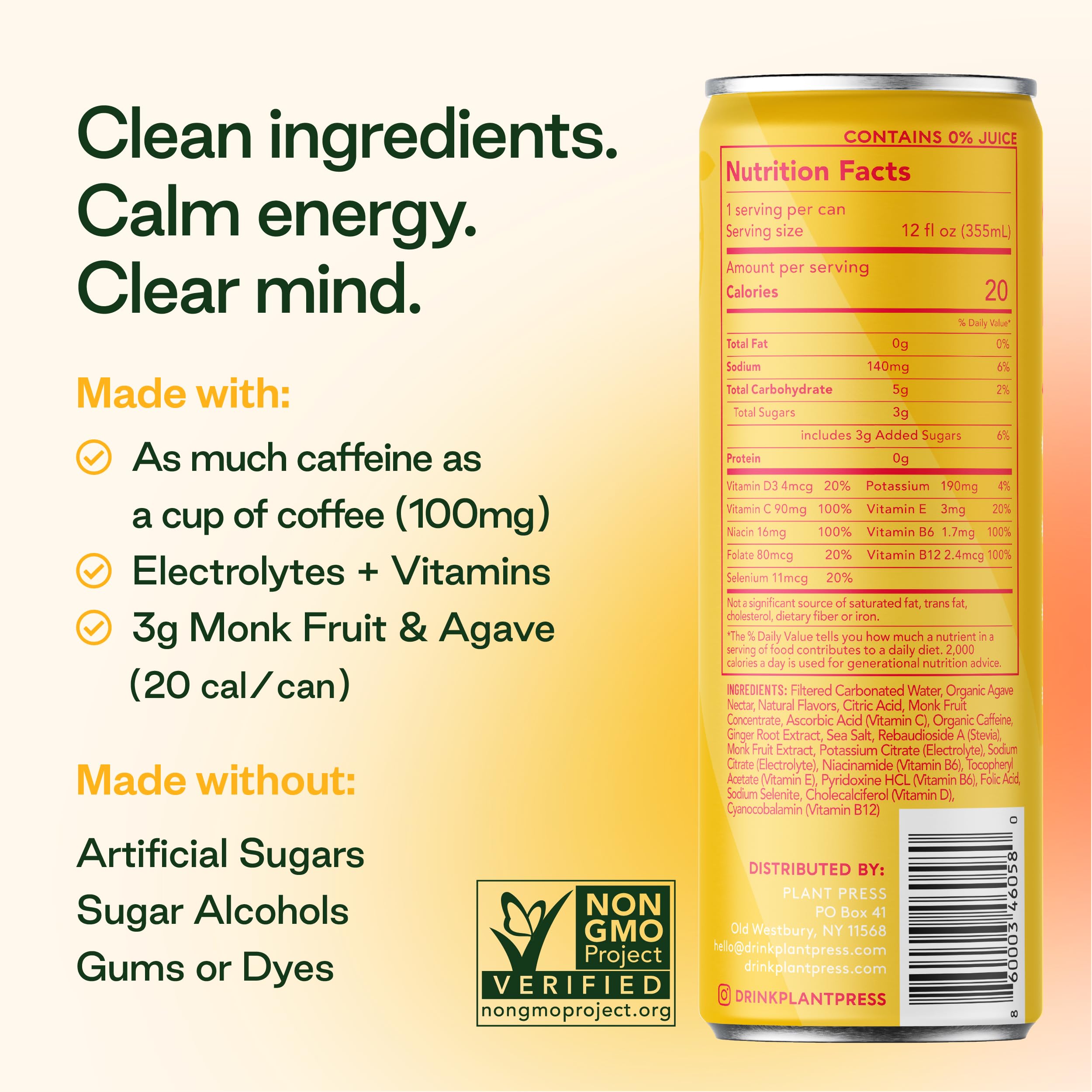 Plant Press - Organic Energy Drink, 100 mg Caffeine Clean Coffee Alternative, Full Range of Vitamins, Electrolytes, No Sugar Alcohols, No Preservatives - Grapefruit Ginger (12 Fl Oz, 12 Pk)