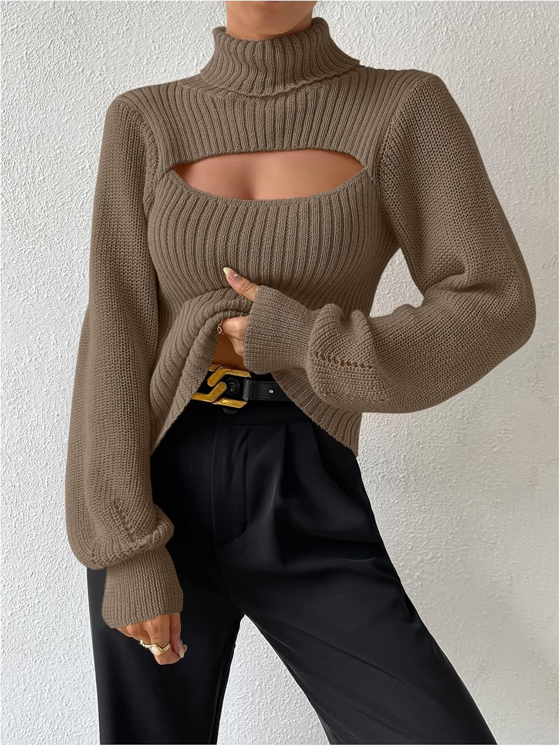 SHENHE Women's Cutout Turtleneck Sweaters Lantern Long Sleeve High Neck Knit Pullover Jumper Tops - Image 5