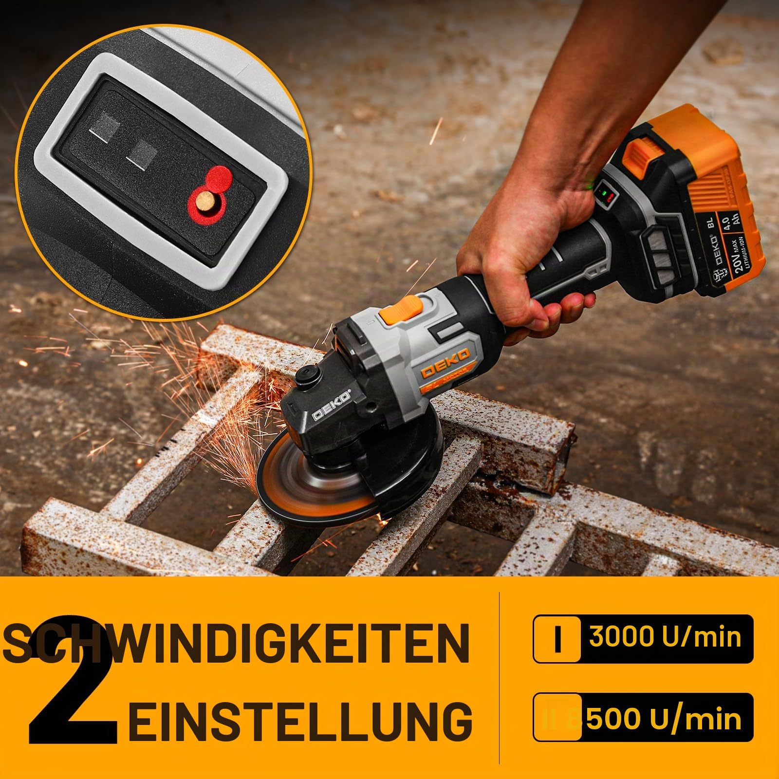 Akku-Winkelschleifer 20V Ø 125mm: DEKOPRO Schleifer mit 4.0Ah Akku, bürstenloser Motor, 8500RPM – inkl. 2 Schleif-, 1 Trennscheiben, 2 Schutzhauben, Akku & Ladegerät für Trennen Schleifen Polieren