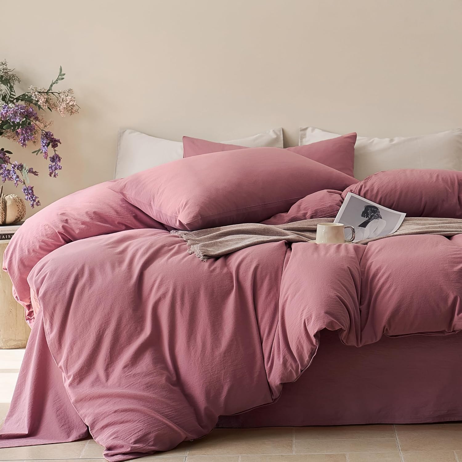 JELLYMONI Duvet Cover Queen Size - 100% Washed Cotton Comforter Cover with Linen-Like Texture, Breathable & Soft Bedding for Modern Home, Guest Room and Everyday Use,1 Duvet Cover & 2 Pillowcases