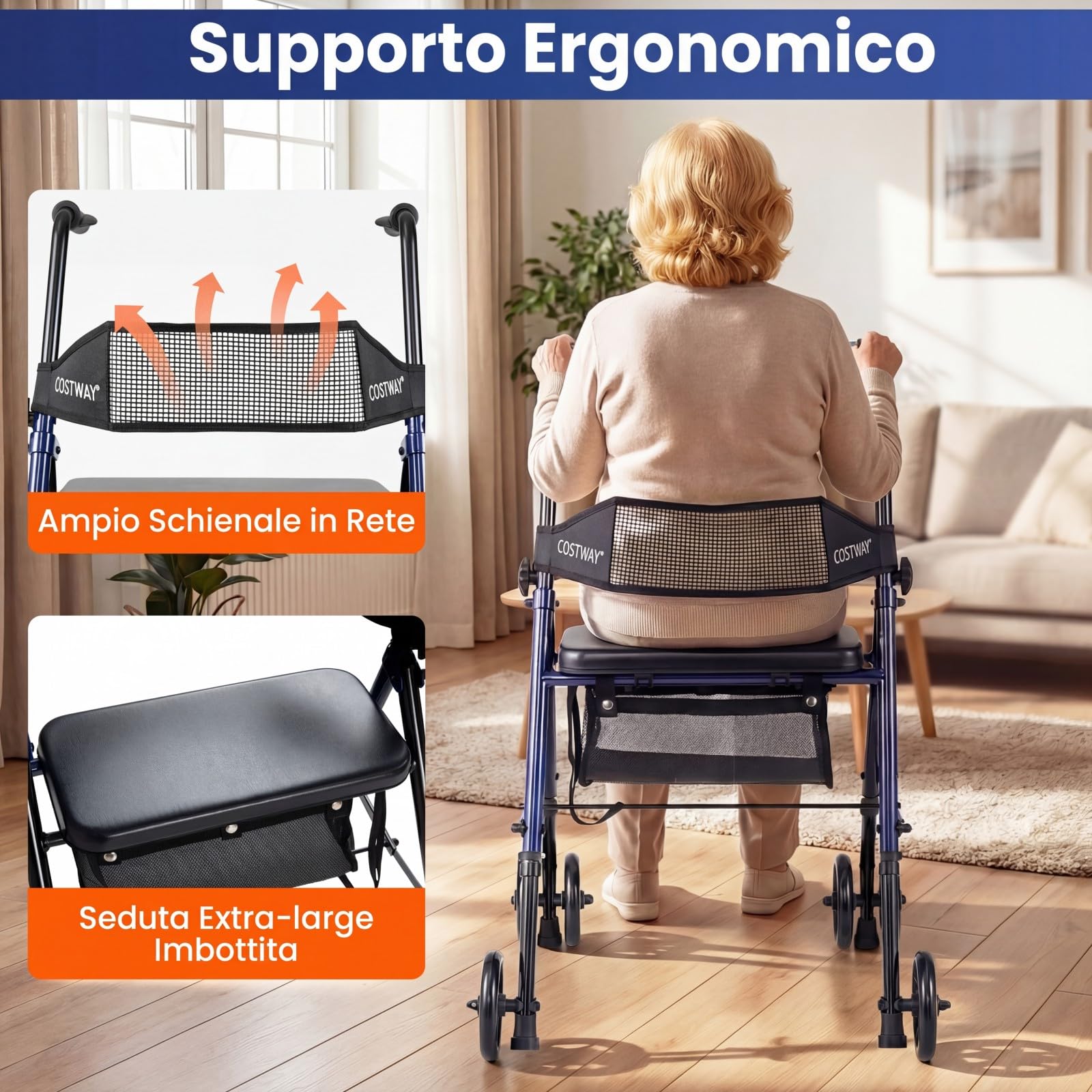 COSTWAY Deambulatore Pieghevole per Anziani, Girello a 4 Ruote con Sedile, Maniglie Regolabili a 8 Livelli, Schienale e Borsa a Rete, Deambulatore Rollator Ultraleggero per Disabil, Portata 136 kg