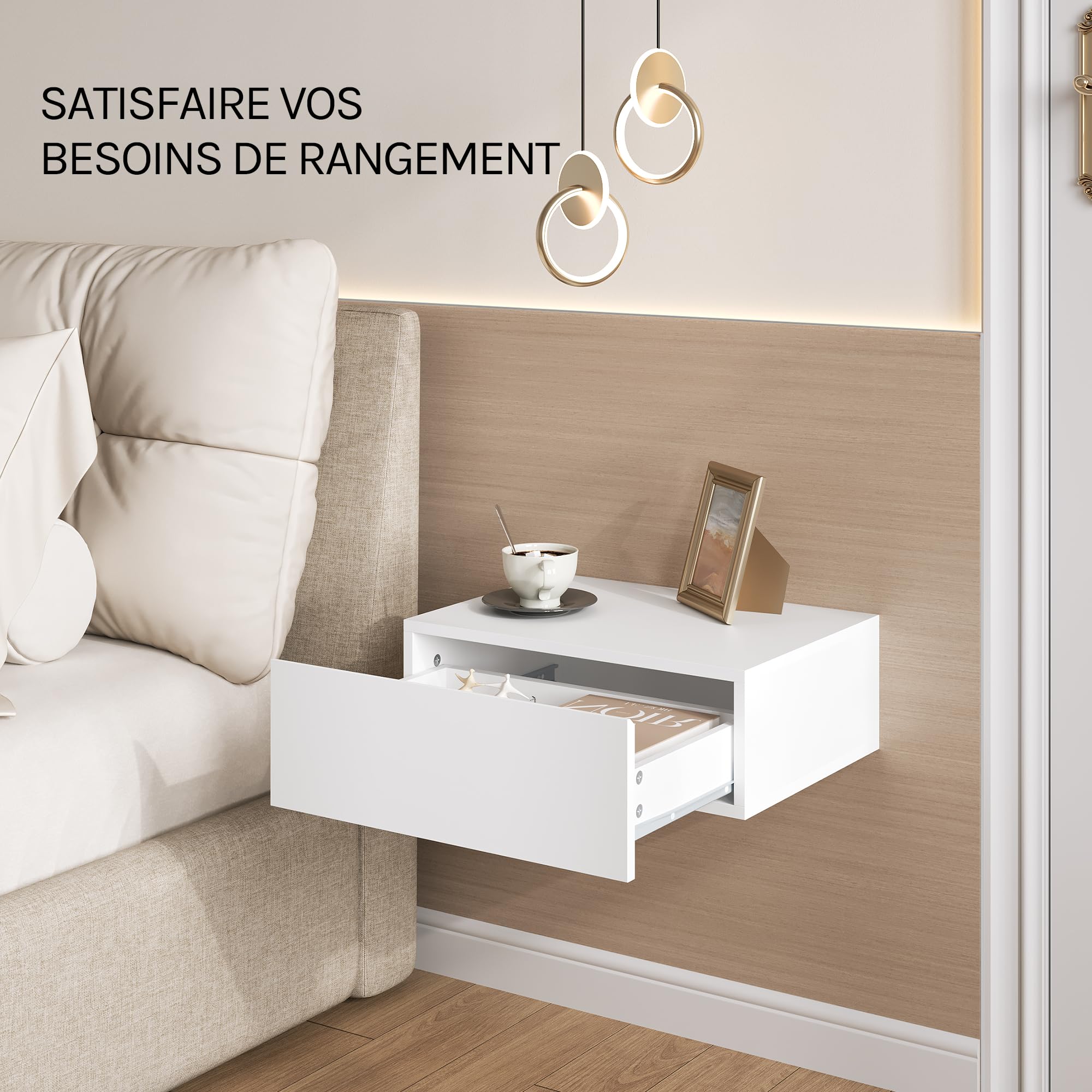 WOLTU Lot de 2 Table de Chevet Suspendue avec Tiroir, Blanc | Table de Chevet Murale, 40x30x14 cm, Moderne, en Bois