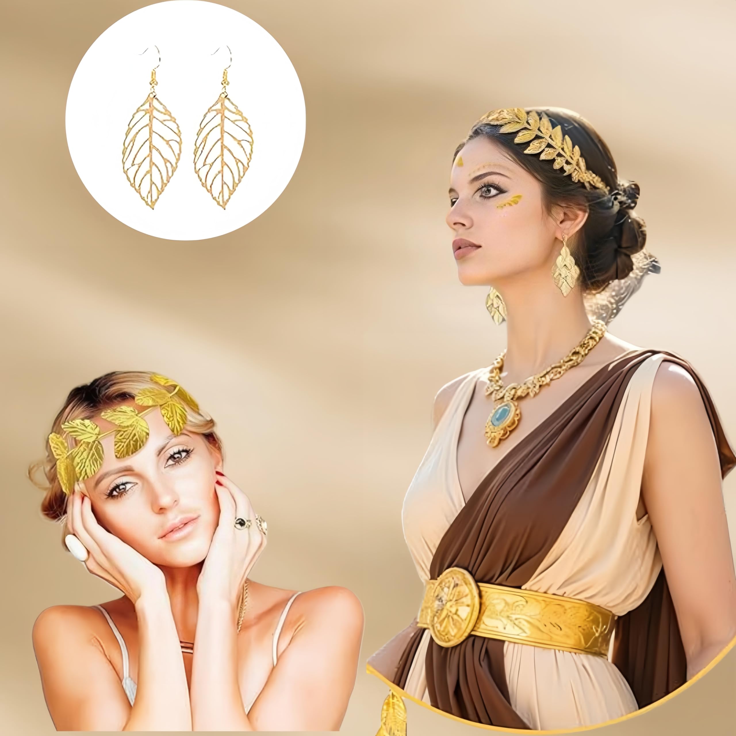 SDXCJY 5Pcs Greek Goddess Costume Accessories Set,Include Golden Laurel Leaf Headpiece, Tassel Waist Chain, Earrings - Image 4