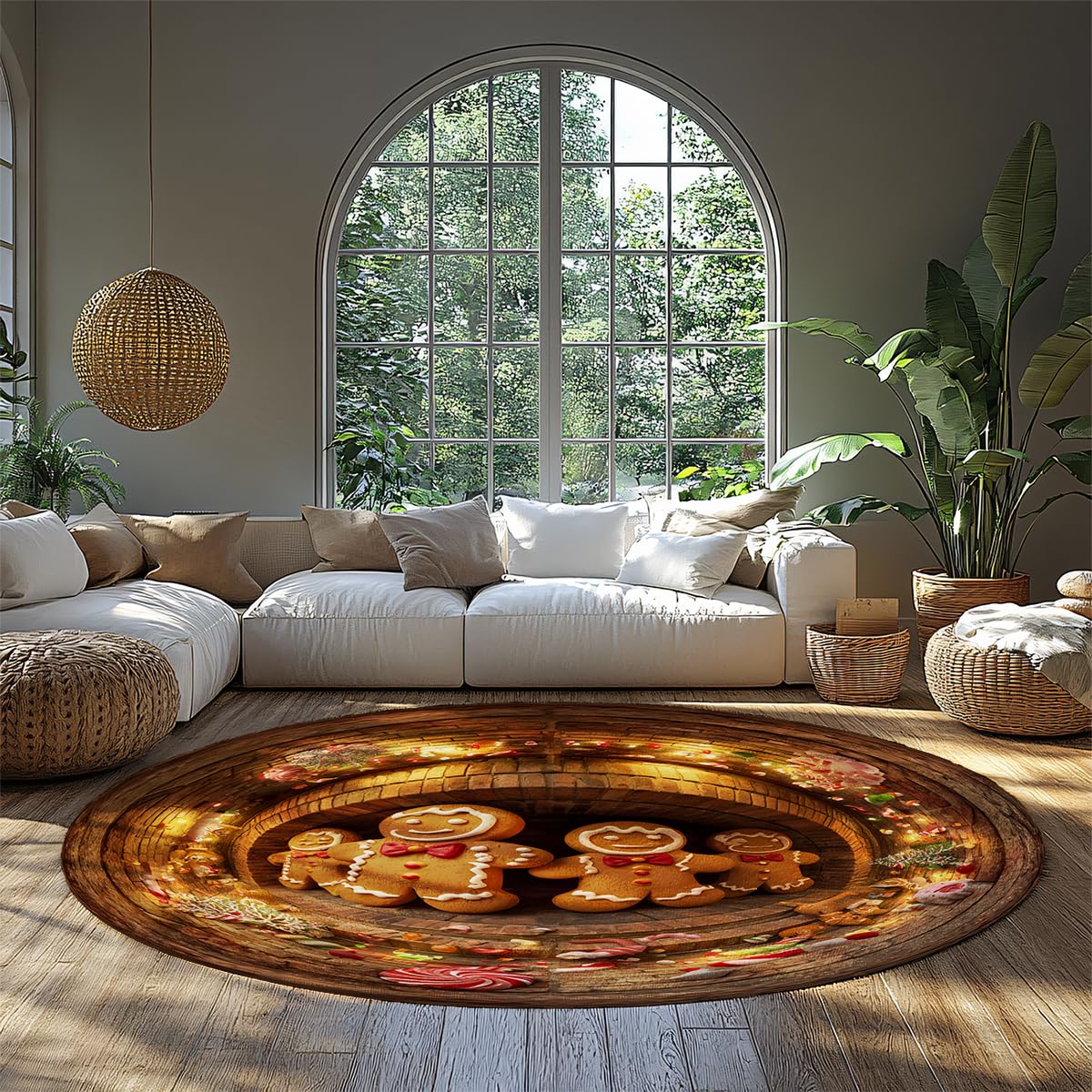 Tapis Ronds Style Ferme 100cm Motifs de Biscuits de Biscuit Man Tapis Circulaire Pliable Pliable antidérapant et Lavable antidérapant pour Salle à Manger