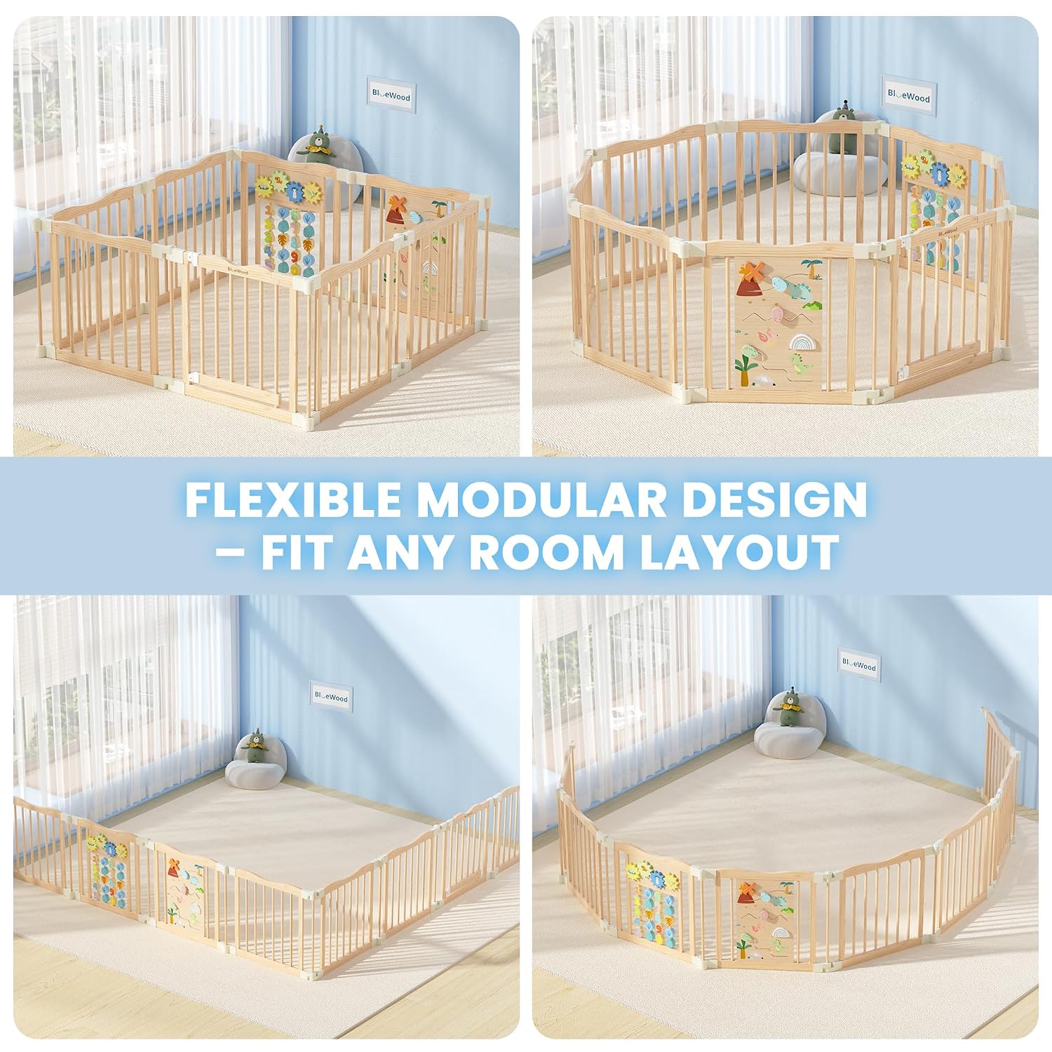 Foldable Wooden Playpen - Adjustable Wood Baby Play Yard with Child-Proof Lock, Indoor Large Safety Fence for Babies and Toddlers - Easy Assembly, 55 x 55 x 24 inches, Dino Land, Natural