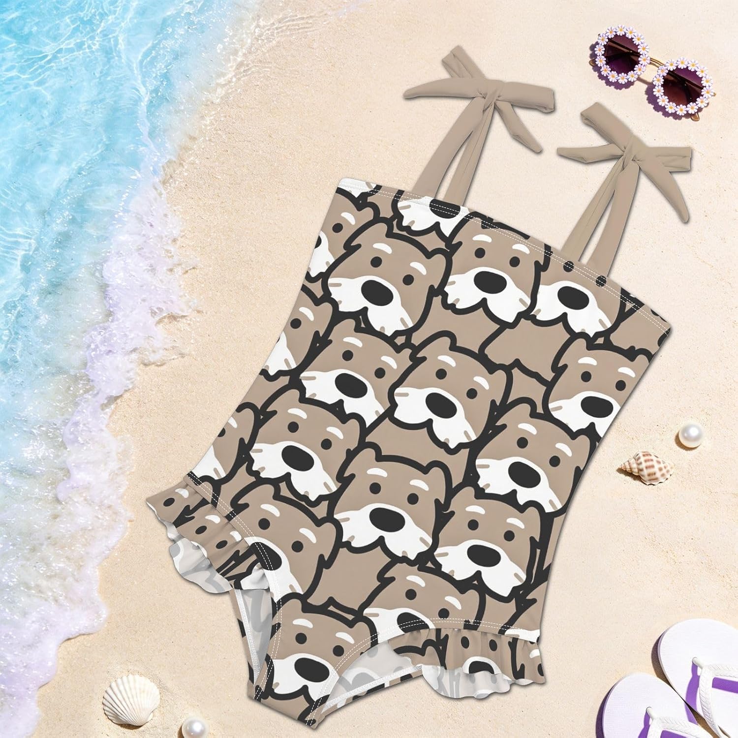 visesunny Toddler Girl Swimsuit Adjustable Strap Swimwear Coffee Brown Schnauzer Dog Bathing Suits for Girls 18M-6Y