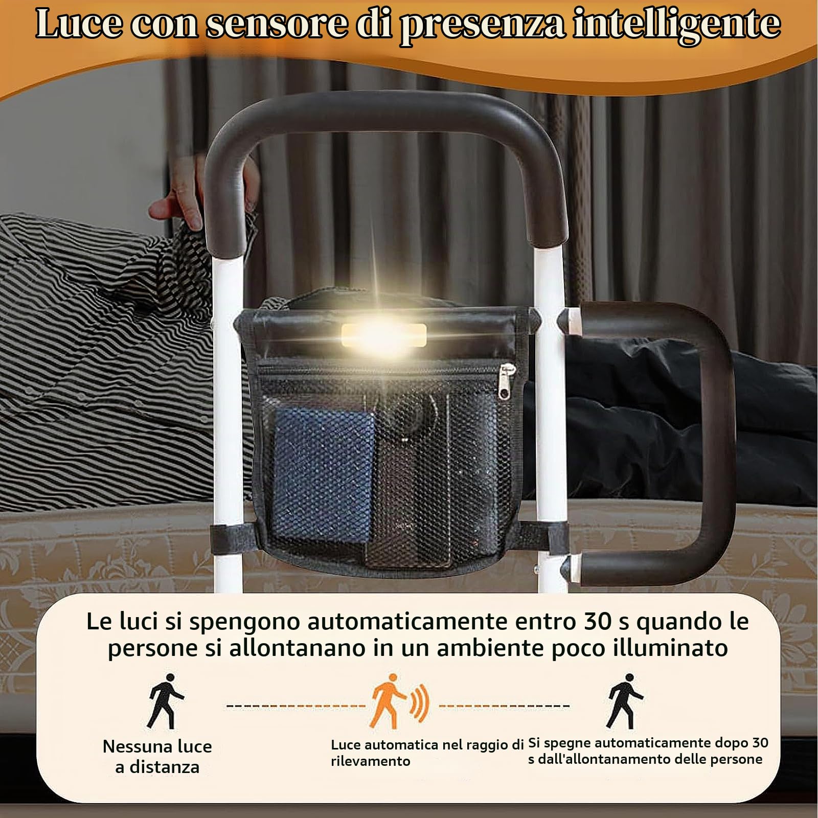 Barriera Letto, Sollevamento letto per anziani e adulti, guida di supporto laterale di sicurezza e letto, Luci a LED per Evitare Cadute Notturne