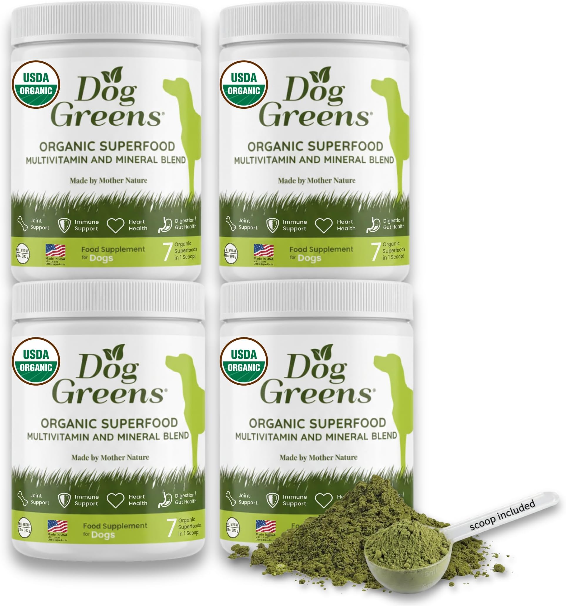 Organic Plant-Based Supplement for Skin, Coat, Digestive & Immune Health in Dogs (12 oz); Natural, Holistic and Vet Approved, Add to Raw, Cooked Homemade, Kibble or Canned Dog Food, 4 Pack