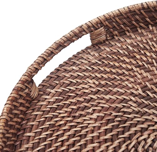 Miniatura 8 de Bandeja redonda tejida de ratán con asas, bandeja otomana para desayuno, bebidas, aperitivos para mesa de café, decoración del hogar (marrón miel,