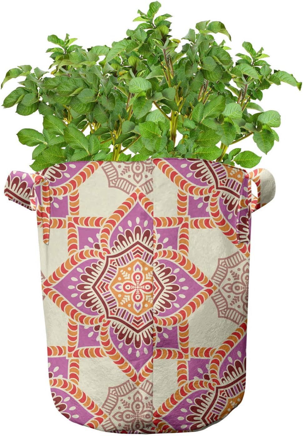 Lunarable Ethnic Grow Bags 5-Pack, Folkloric and Floral Design, Heavyduty Fabric Pots with Handles for Plants, 7 Gallon, Multicolor