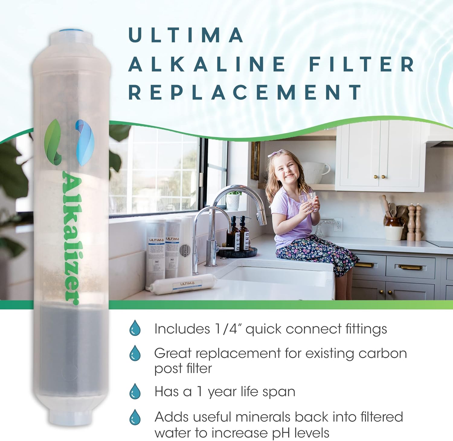 10-Inch Ultima Alkalizer, Universal Alkaline Post Filter Replacement for Reverse Osmosis RO Under Sink Water Filter System, Alkaline Water Ionizer to Increase Water pH