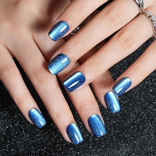Miniatura 3 de Uñas Postizas Cuadradas Cortas a Presión, Jofay Fashion Uñas Postizas Azul Ojo de Gato a Presión, Uñas Postizas de Gel Suave, Uñas Postizas