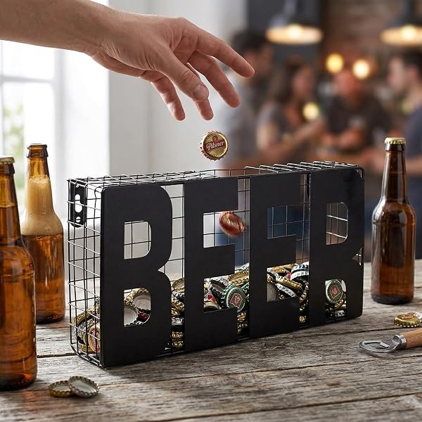 MIJOMA Raccoglitori per tappi a corona Beer 25 x 5 x 12,5 cm - Metallo da appendere - Decorazione da parete nera per cucina, bar di casa e cantina - 3