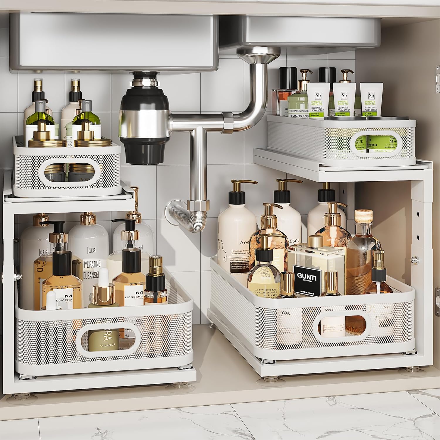 1 Pack Under Sink Organizer With Next-Gen Ball-Bearing Tier Precision Mesh Pull Out Cabinet Drawers Storage for Bathroom&Kitchen,Height Adjustable Shelf,Rust-resistant-Patent Pending 2 Pack-15.5\"Dx12.4\"-16.5\"H White