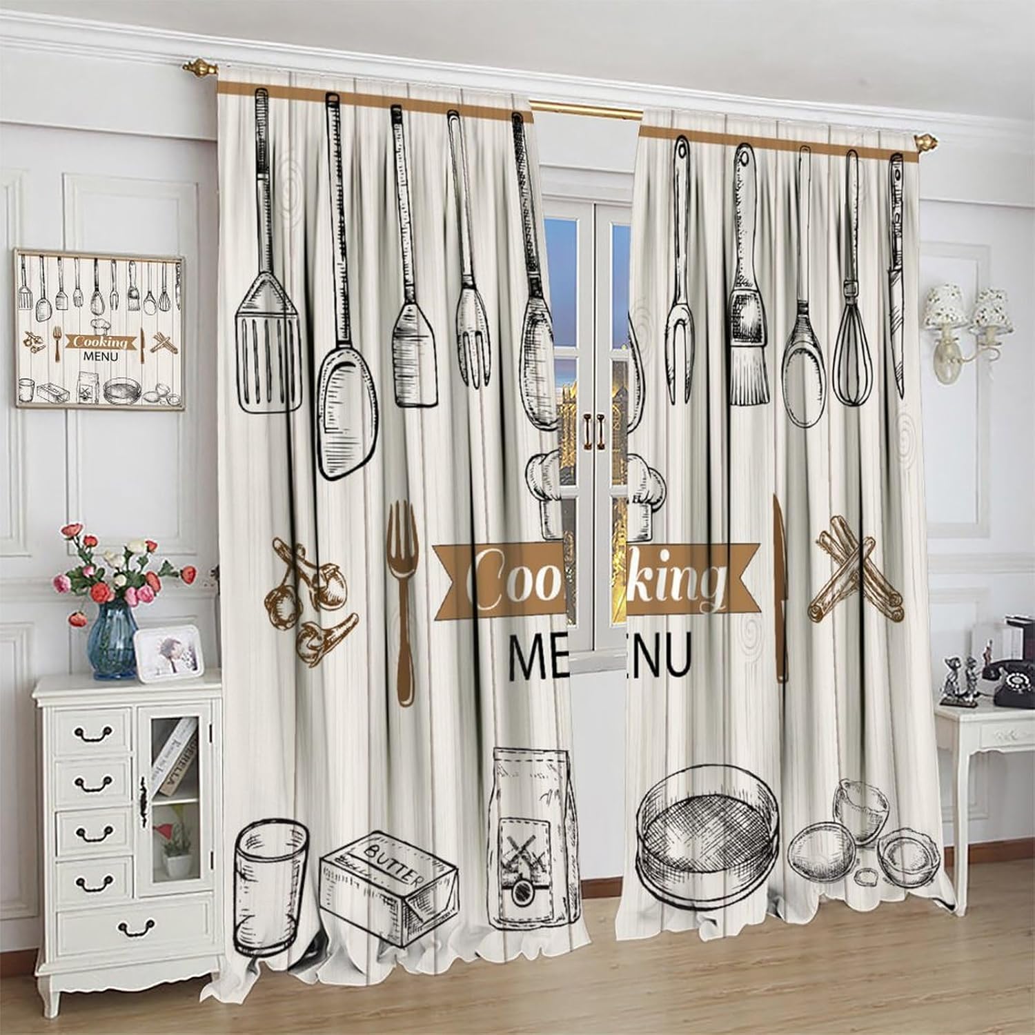 Farmhouse Kitchen Curtains, Rustic Country Fork Spoon Wooden Board Retro Vintage Wood Printed for Living Room Bedroom Window Drapes Set 2 Panels,42x63 Inches