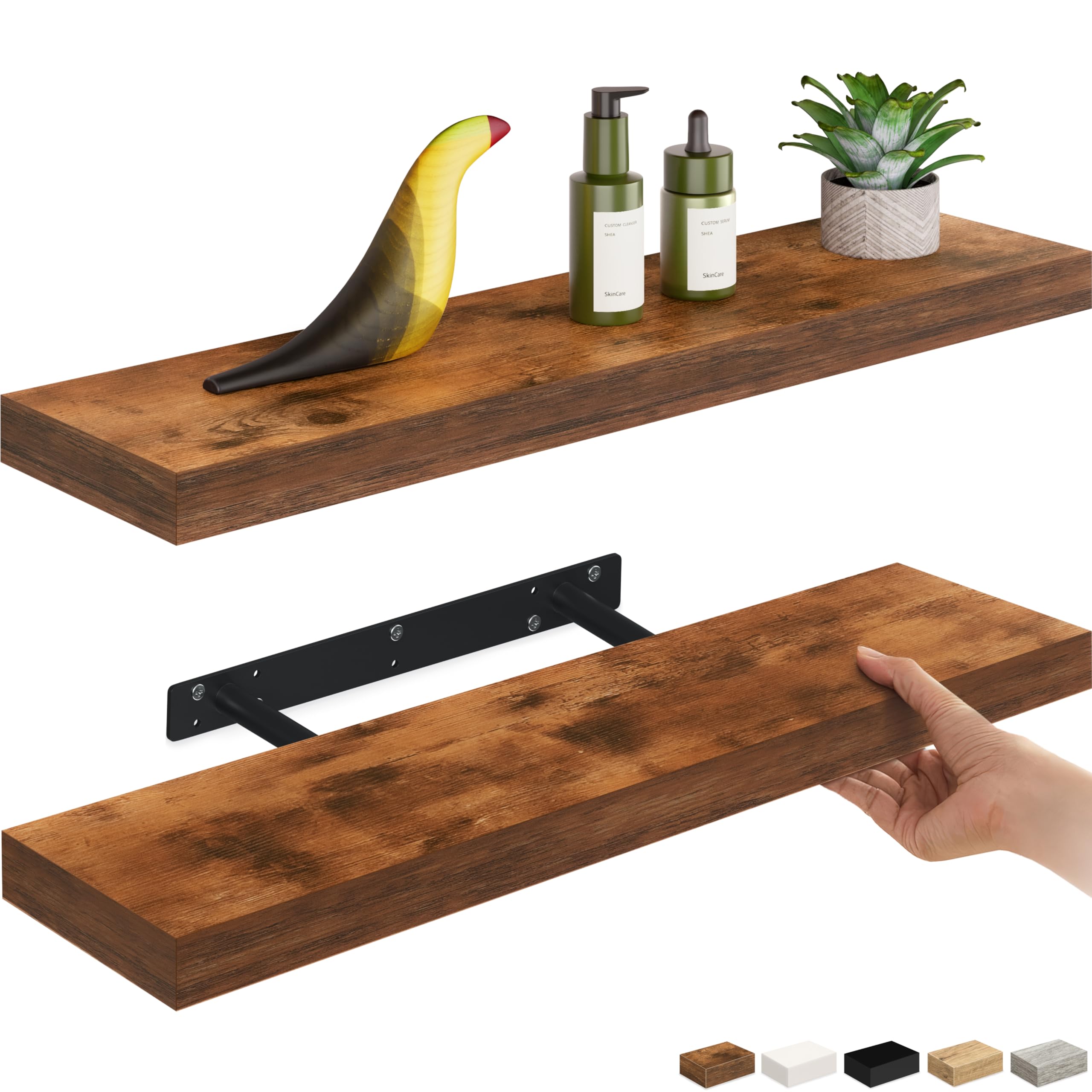 Ballucci Floating Shelves, 24" Wood Wall Shelf Set of 2, with Invisible Brackets for Bathroom, Living Room, Bedroom, Kitchen, Nursery, 6" Deep, Rustic