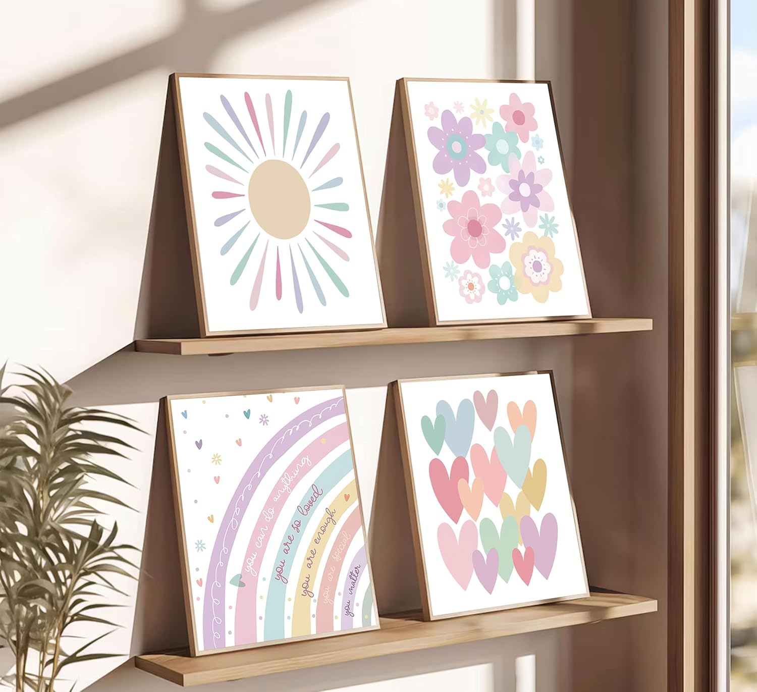 4Pcs Color Toddler Girl Wall Art,Inspirational Quotes Poster Prints.Nursery Sun Floral Heart Canvas Pictures,Boho Rainbow Painting Artwork for Baby Little Girls' Room Wall Decor 8x10in Unframed