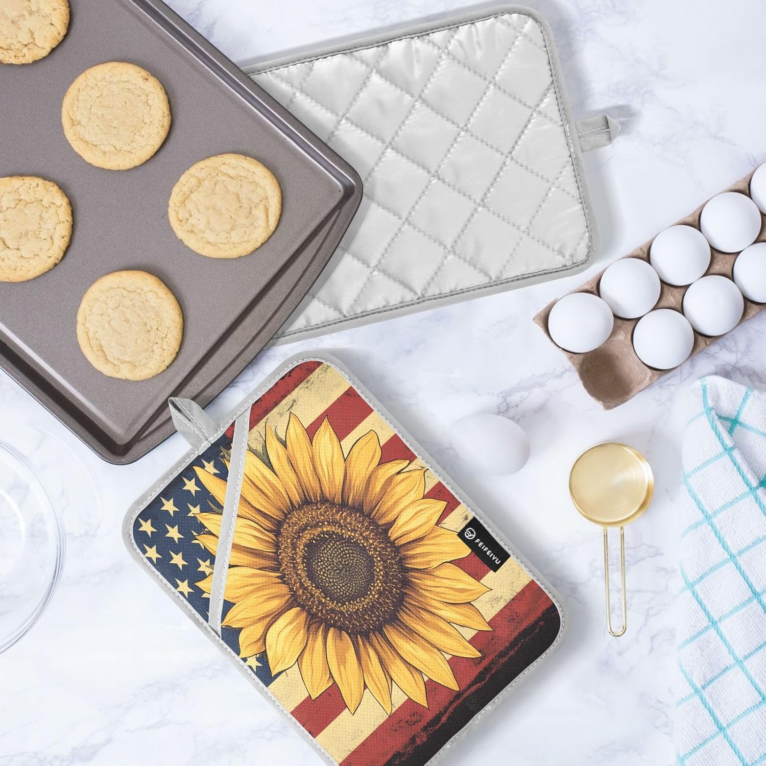 2 Pack Pot Holders, American Usa Flag Sunflower 7x9.8 inch Heat Resistant Oven Mitts Gloves Hot Pads with Non-Slip Pockets, 170°C Heatproof Potholder Set for Kitchen, BBQ, Microwave, Table P