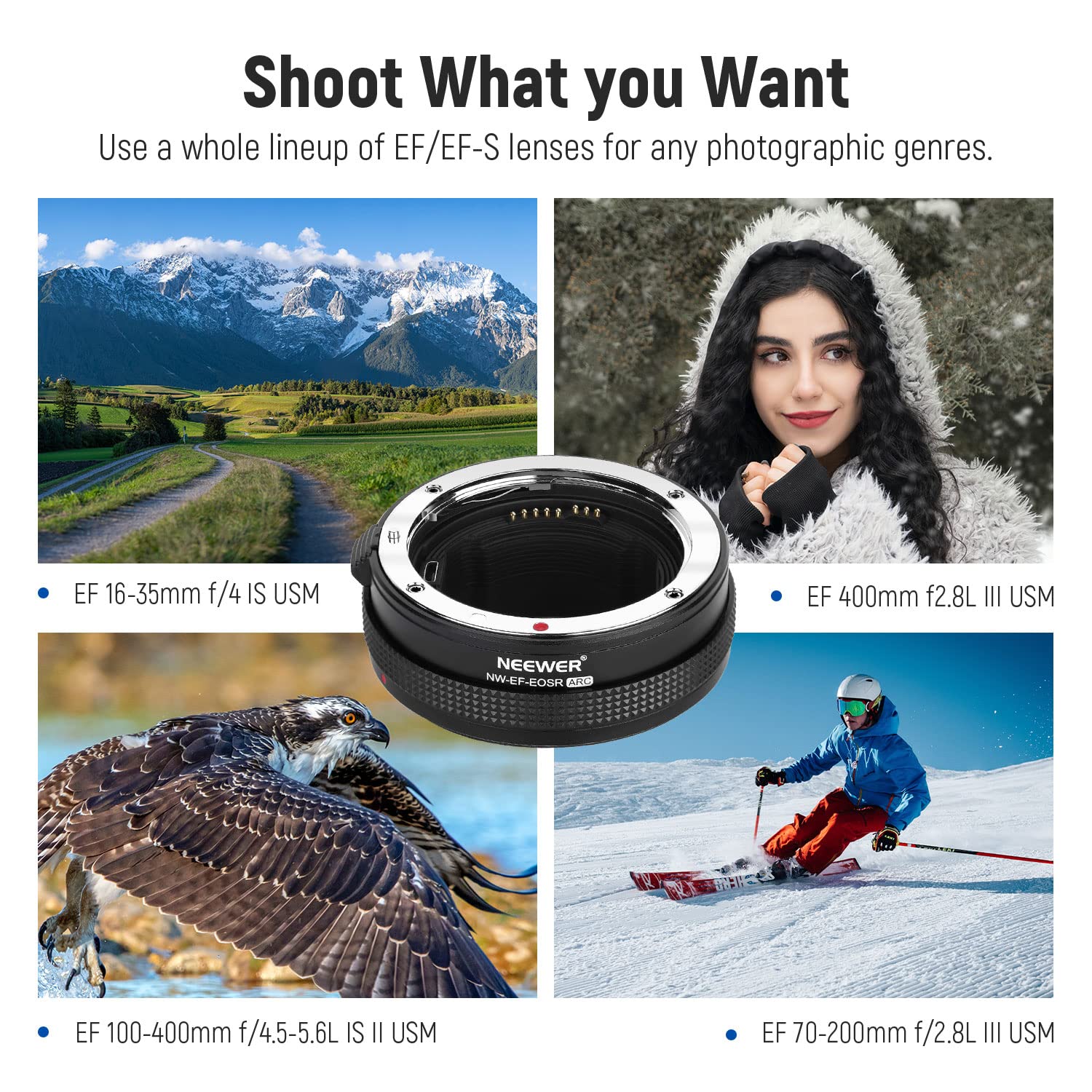 NEEWER Adaptador de Montaje EF a RF, Adaptador de Enfoque automático para Objetivo con Anillo de Control Compatible con Canon EF/EF-S EOS R Ra RP R6 R5 R3 R7 R10 R8 R50, Carga Máxima: 2kg