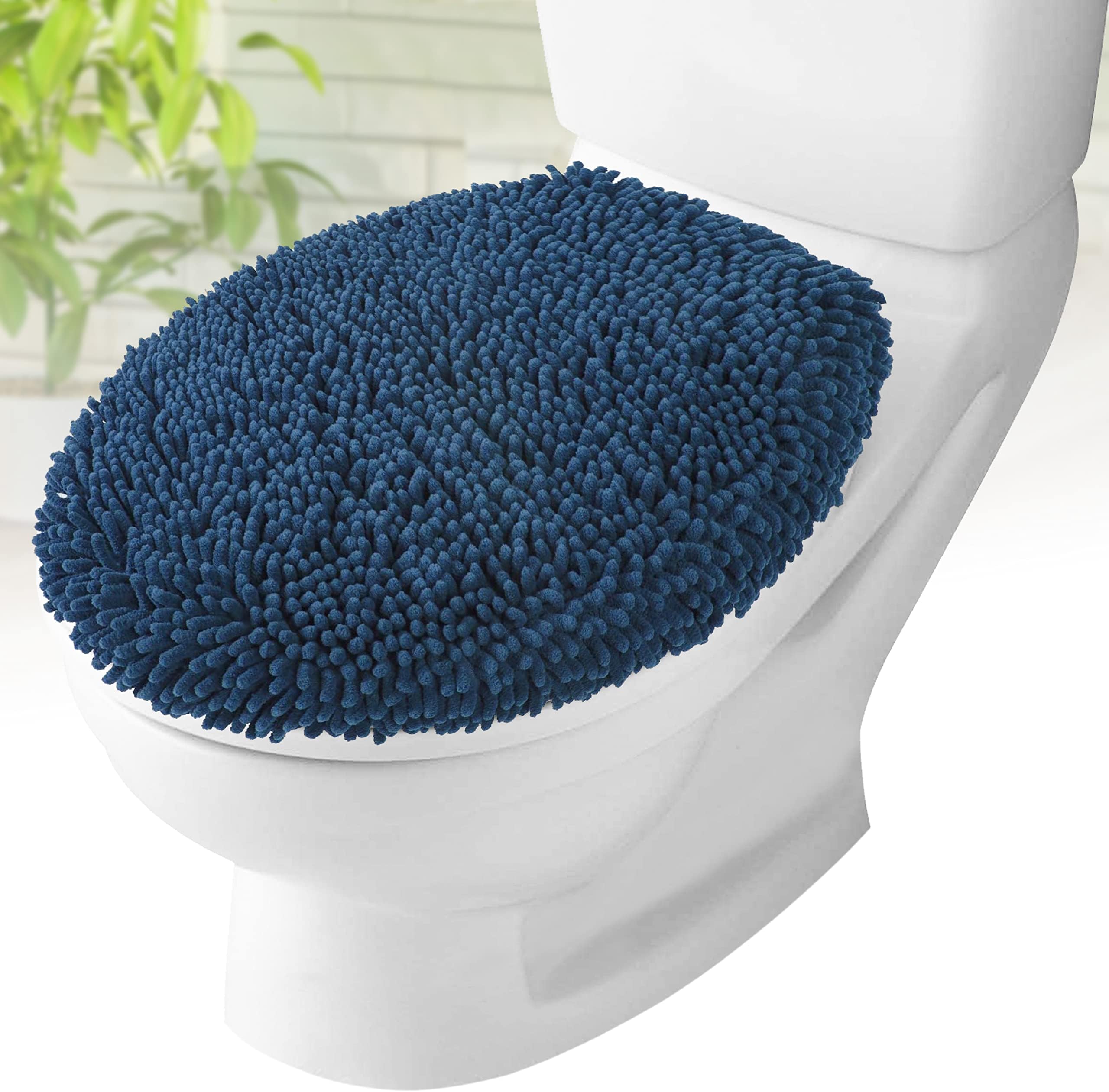 Toilet Lid Cover - Dark Blue, Plush Microfiber Oval Toilet Seat Covers for Bathroom, Machine Washable Elongated Toilet Cover Seat, Stretches up to 21"x19"