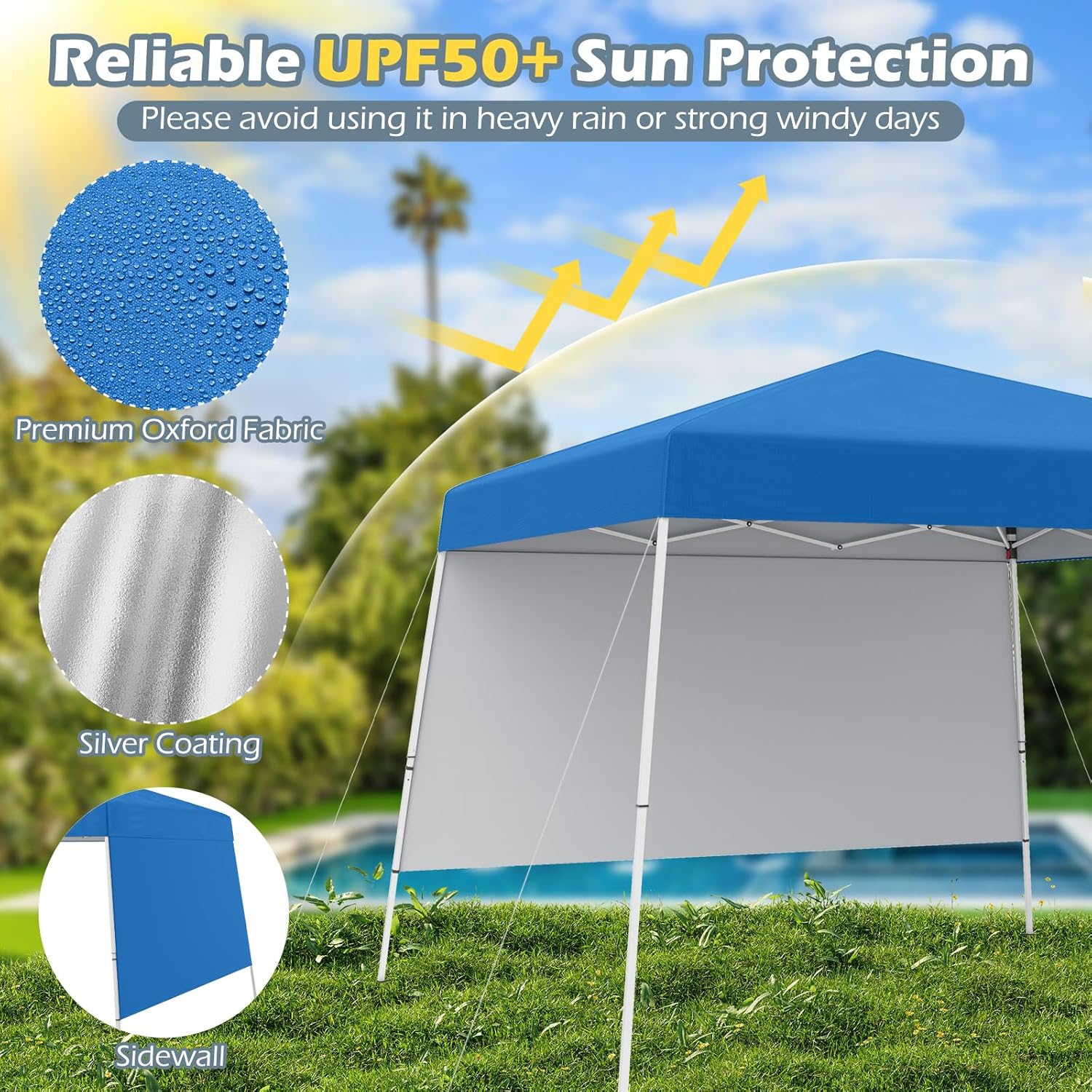 Nightcore 10x10 FT Pop Up Canopy, UPF 50+ Easy Folding Shade Tent with Backpack and Sidewall, Slant Legs & 4 Stakes, Portable Outdoor Canopy Tent for Parties, Camping, Picnic, Beach (Blue)