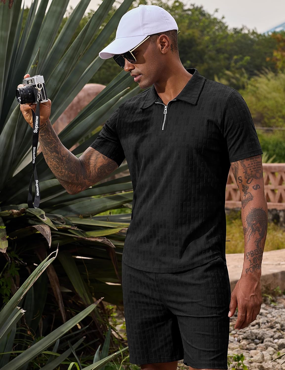 URRU Mens Textured Polo Shirt and Shorts Set Casual 2 Piece Summer Outfits Short Sleeve Quarter Zip Fashion Golf Polo Suit