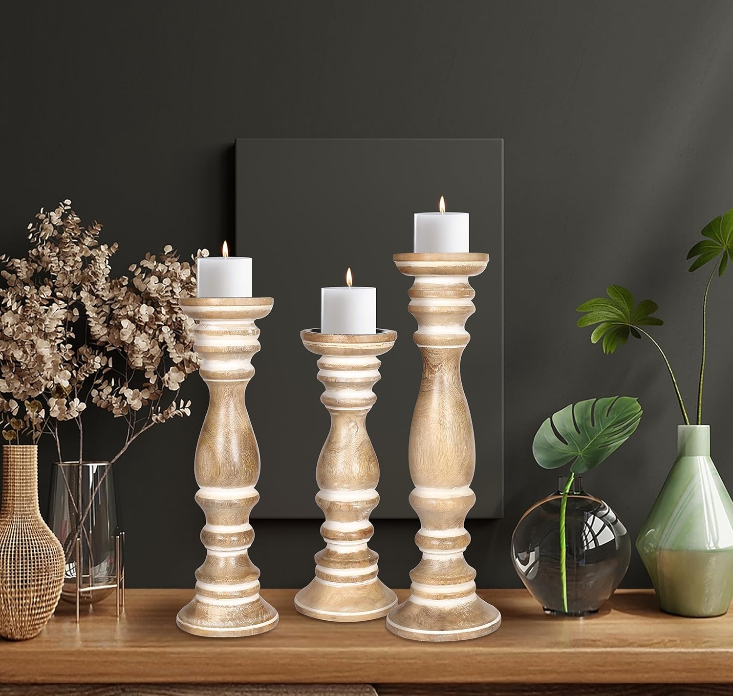 Rustic Farmhouse Wood Pillar Candle Holders Set of 3- Vintage Tall Candle Stands for Table Centerpiece, Decorative Candle Holder for Dining Room, Fireplace, Living Room - Heights: 16", 14", 12" White