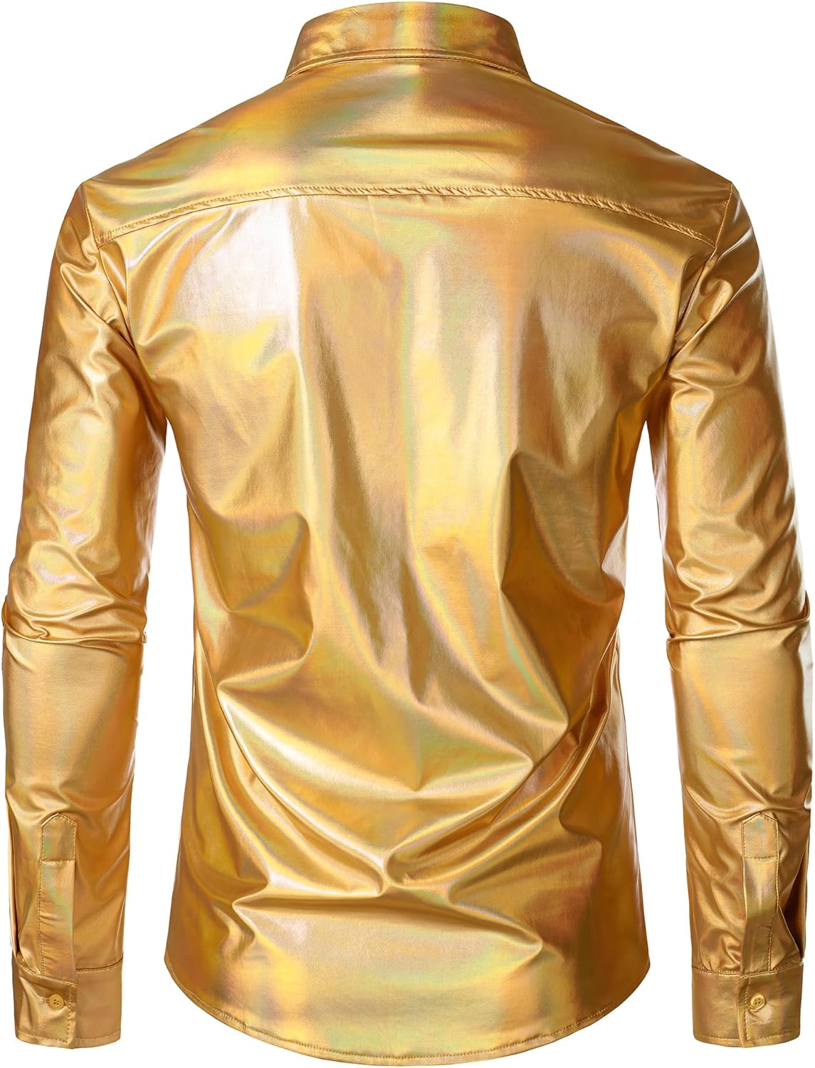 ZEROYAA Men's 70s Disco Button Down Shirt Shiny Metallic Long Sleeve Costume for Party Prom - Image 2