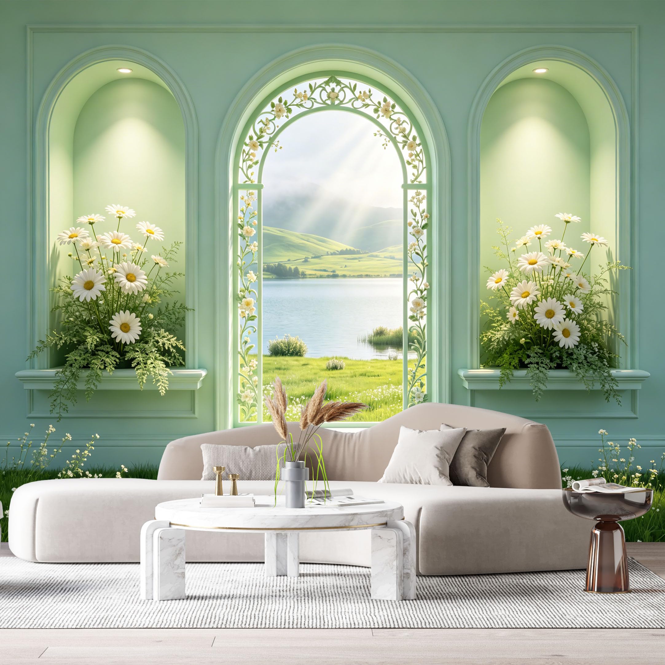 Custom Size Wall Murals Archway Window View Lakeside Landscape Botanical 3D Trompe L'Oeil SelfAdhesive Wall Fabric Removable Large Wallpaper for Photo Living Room