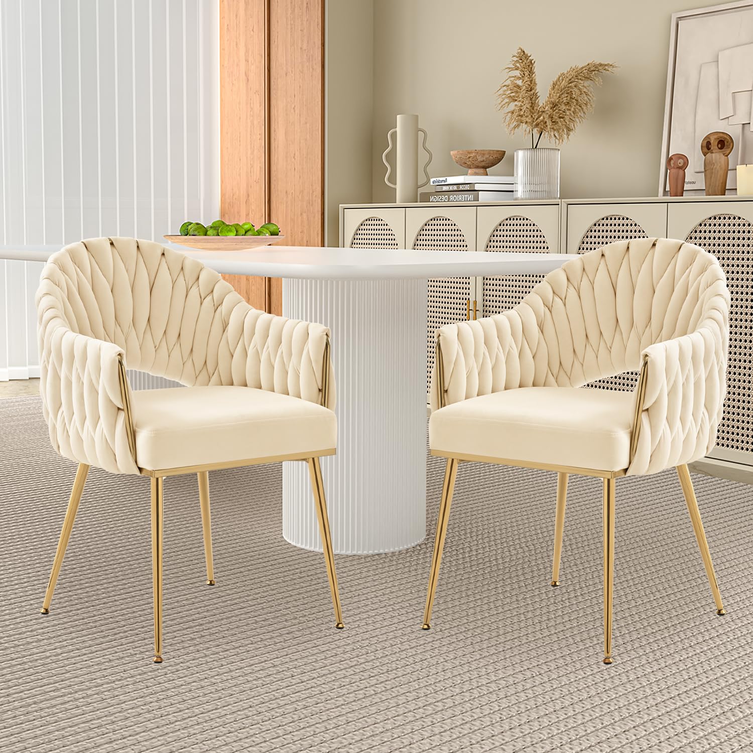 Juego de 2 sillas de Comedor de Terciopelo, sillones de salón, sillas de Comedor con reposabrazos, sillas de Cocina con Respaldo Alto Trenzado a Mano, Silla de tocador con Patas Doradas,Blanco