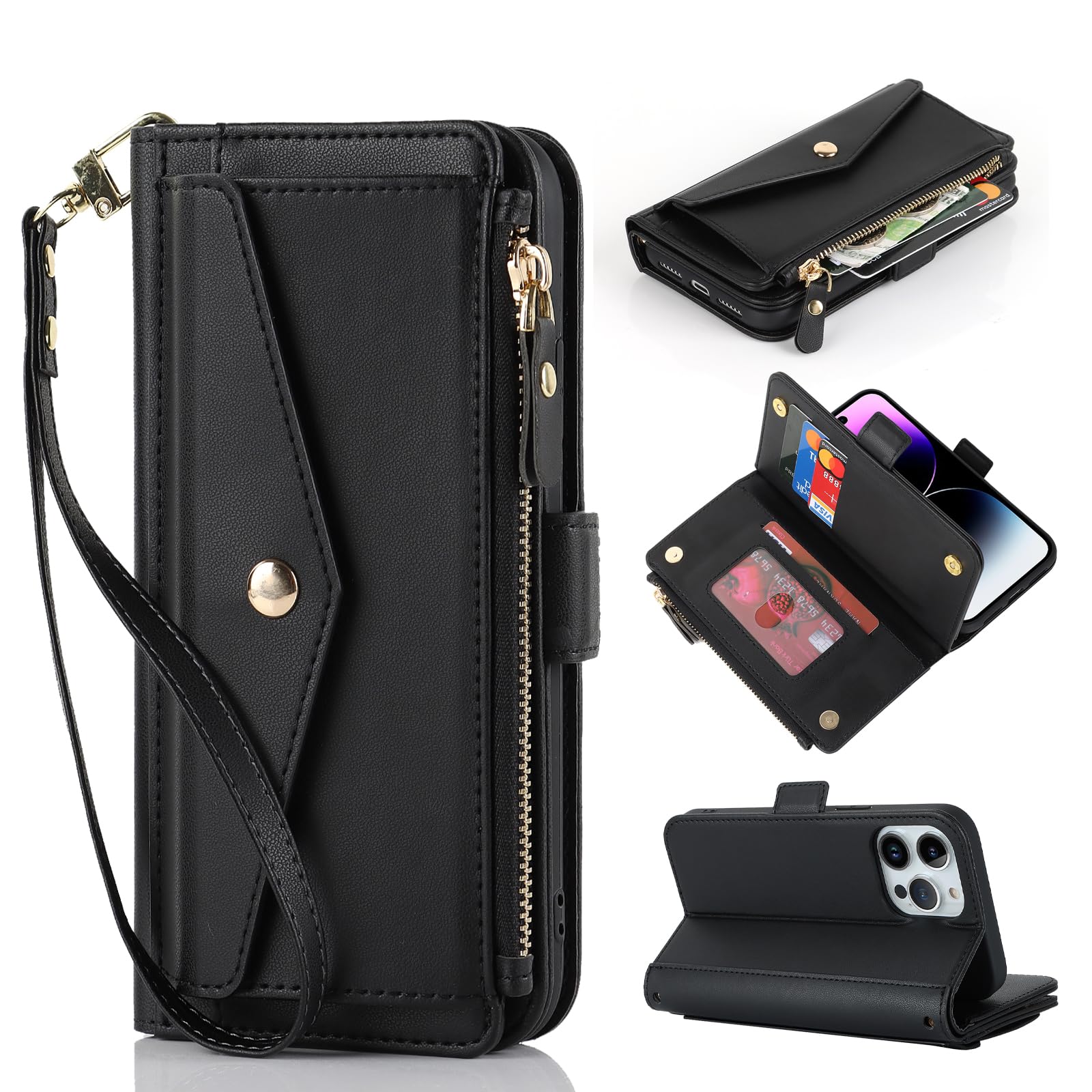 Hamany for iPhone 14 Pro Case with Card Holder iPhone 14 Pro Wallet Case for Women Leather Flip Folio Cover with Credit Holder-Black
