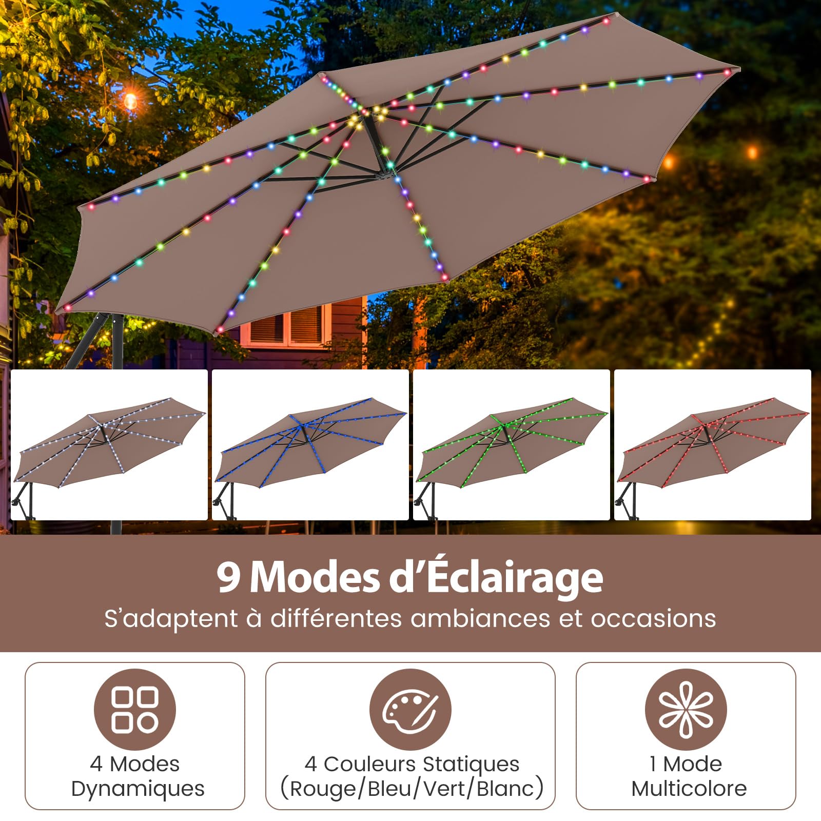 RELAX4LIFE Parasol Déporté 3x3M LED Solaire 96 Lumières 7 Modes (Marron)