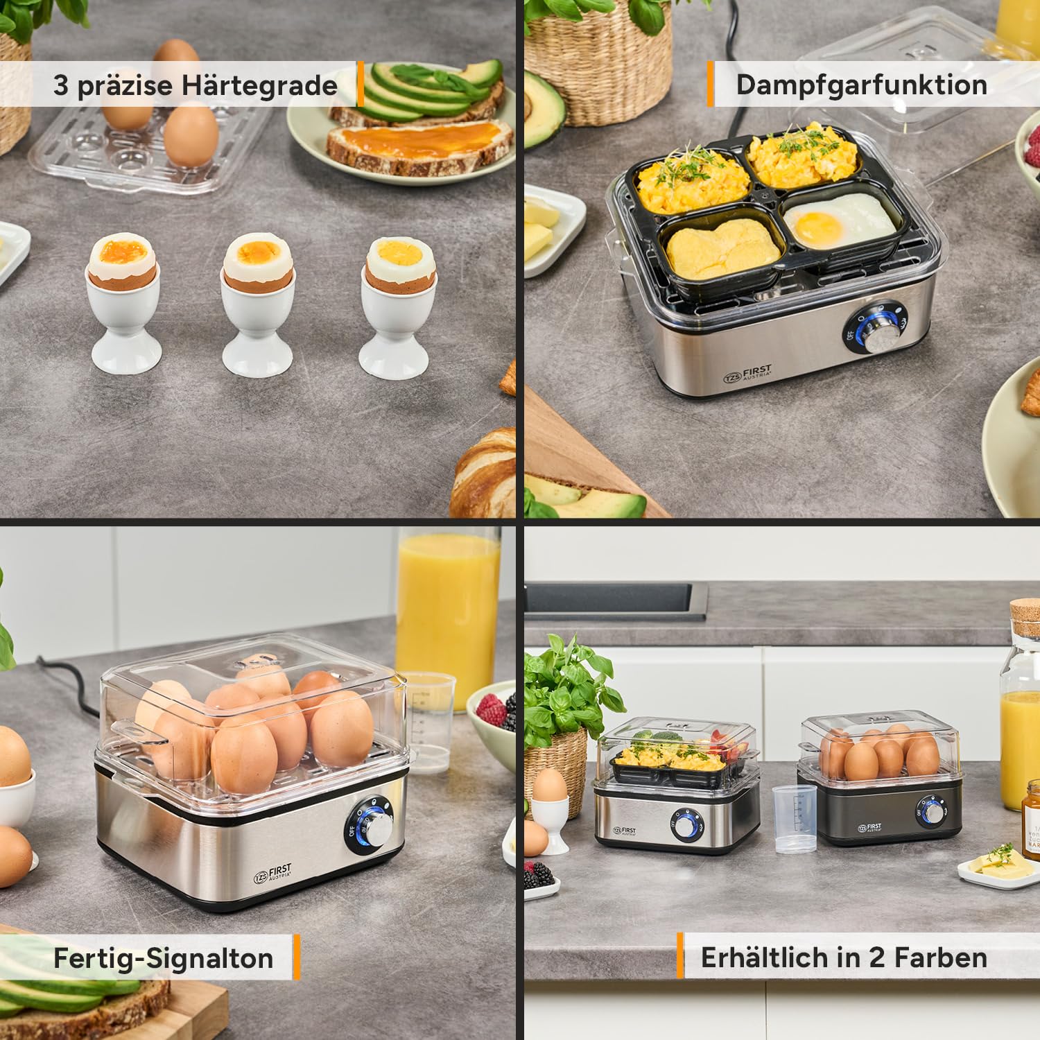 TZS First Austria Eierkocher 8 Eier - 4 Einstellungen inkl. Dampfgarfunktion - Automatische Abschaltung mit Signalton - Trockenkochschutz - Messbecher & Pochierschale - Kompakt & Leicht