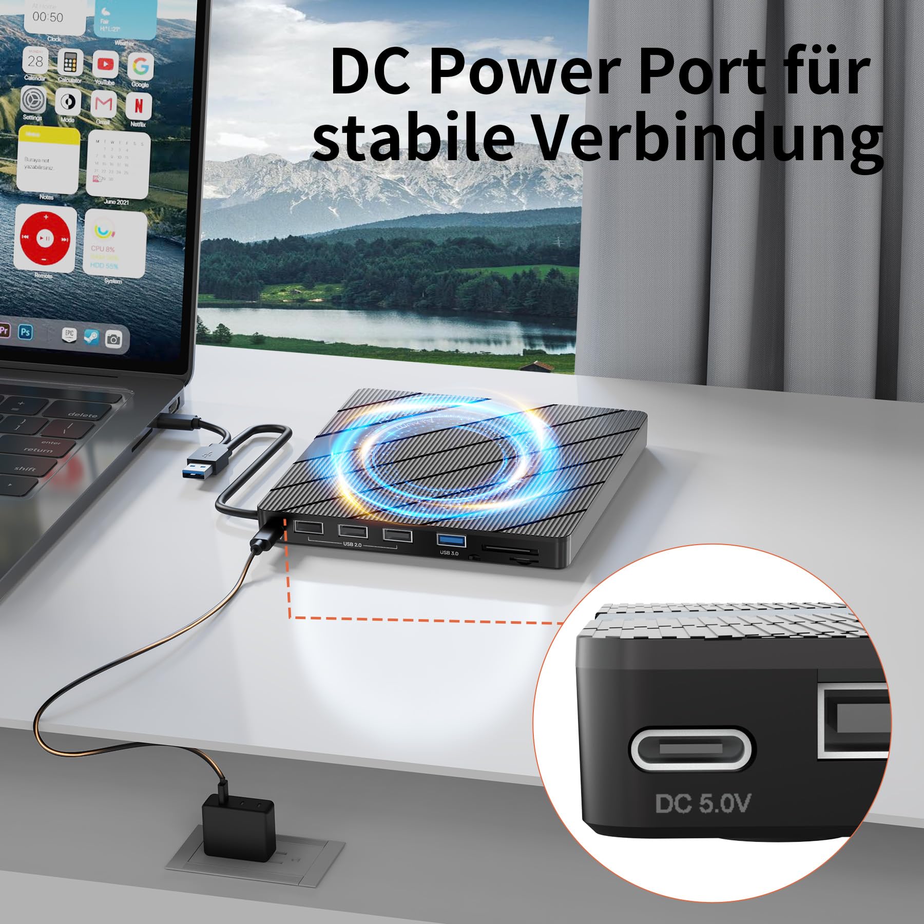 Alxum Externes DVD Laufwerk - USB 3.0 Type C CD Laufwerk extern USB mit SD/TF Kartenleser und USB Anschlüsse, Externer CD Brenner für Laptop,Desktop,Windows,Linux,Mac OS,Vista