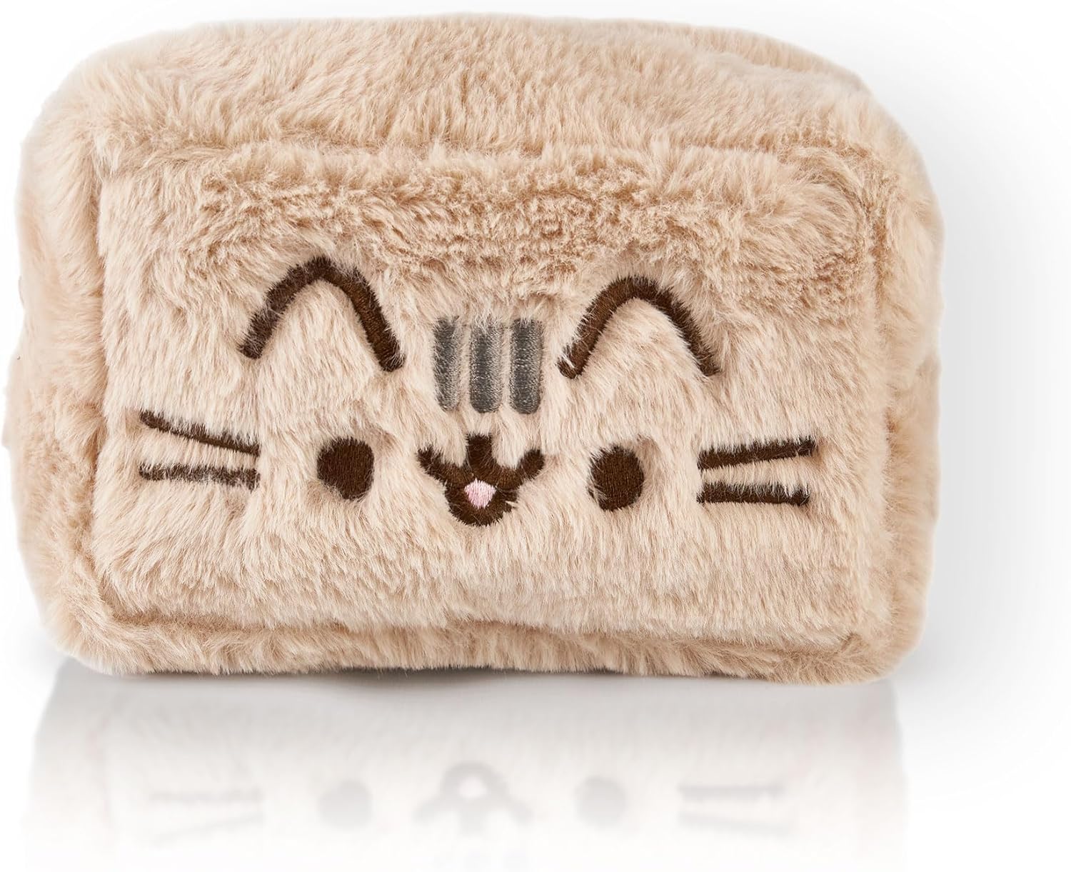 Pusheen Womens Fluffy Makeup Bag | Ladies All Over Fur with Embroidered Logo in Tan | Classic Logo Zip Cosmetic Storage Bag
