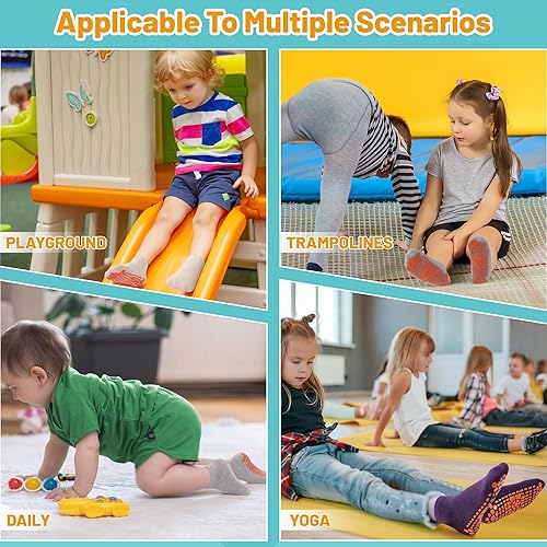 Miniatura 3 de ELUTONG Calcetines de trampolín para niños con agarres antideslizantes, 6 pares de calcetines con agarre para casa de rebote para niños y niñas