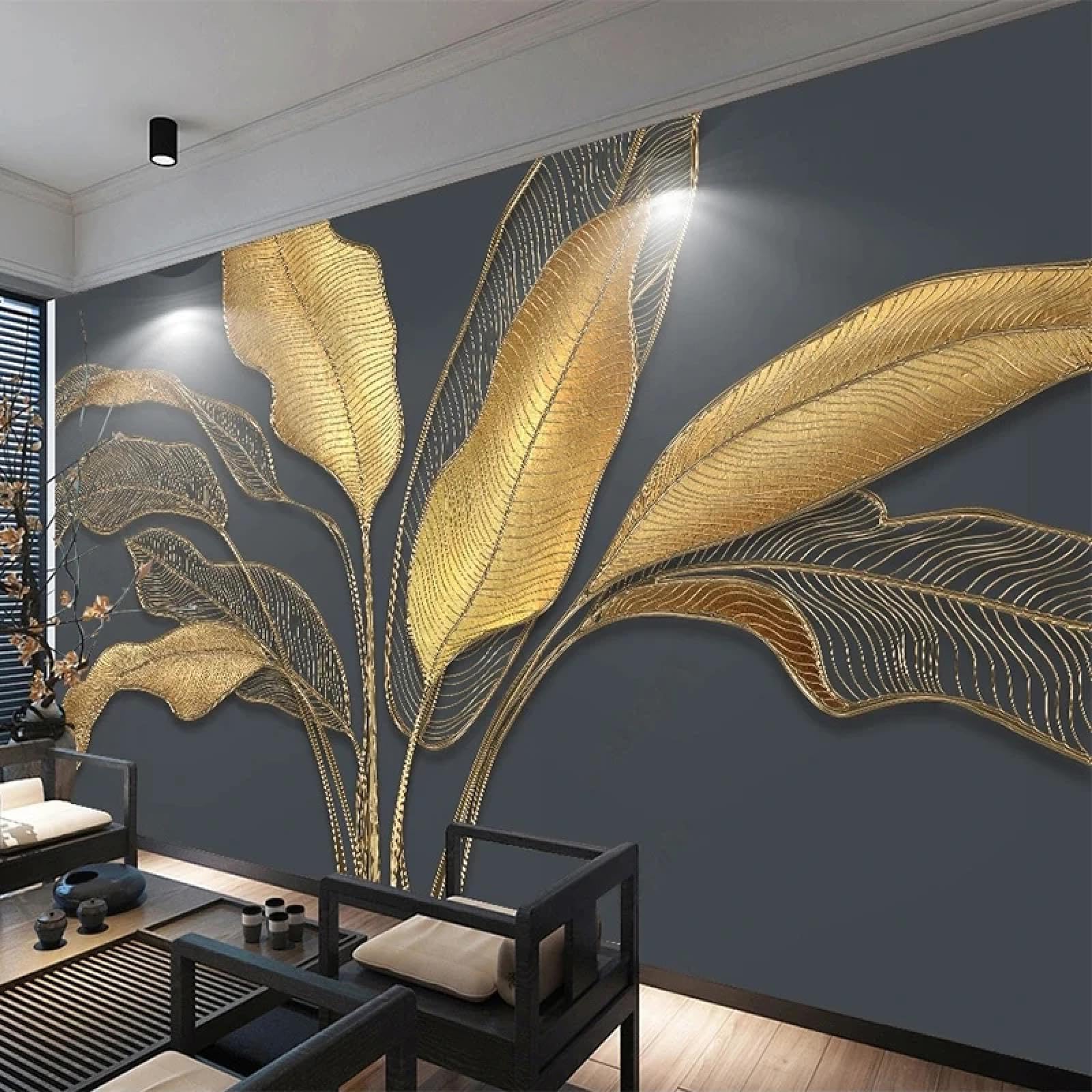 Papier peint autocollant 3D feuilles dorées déco murale salon et chambre