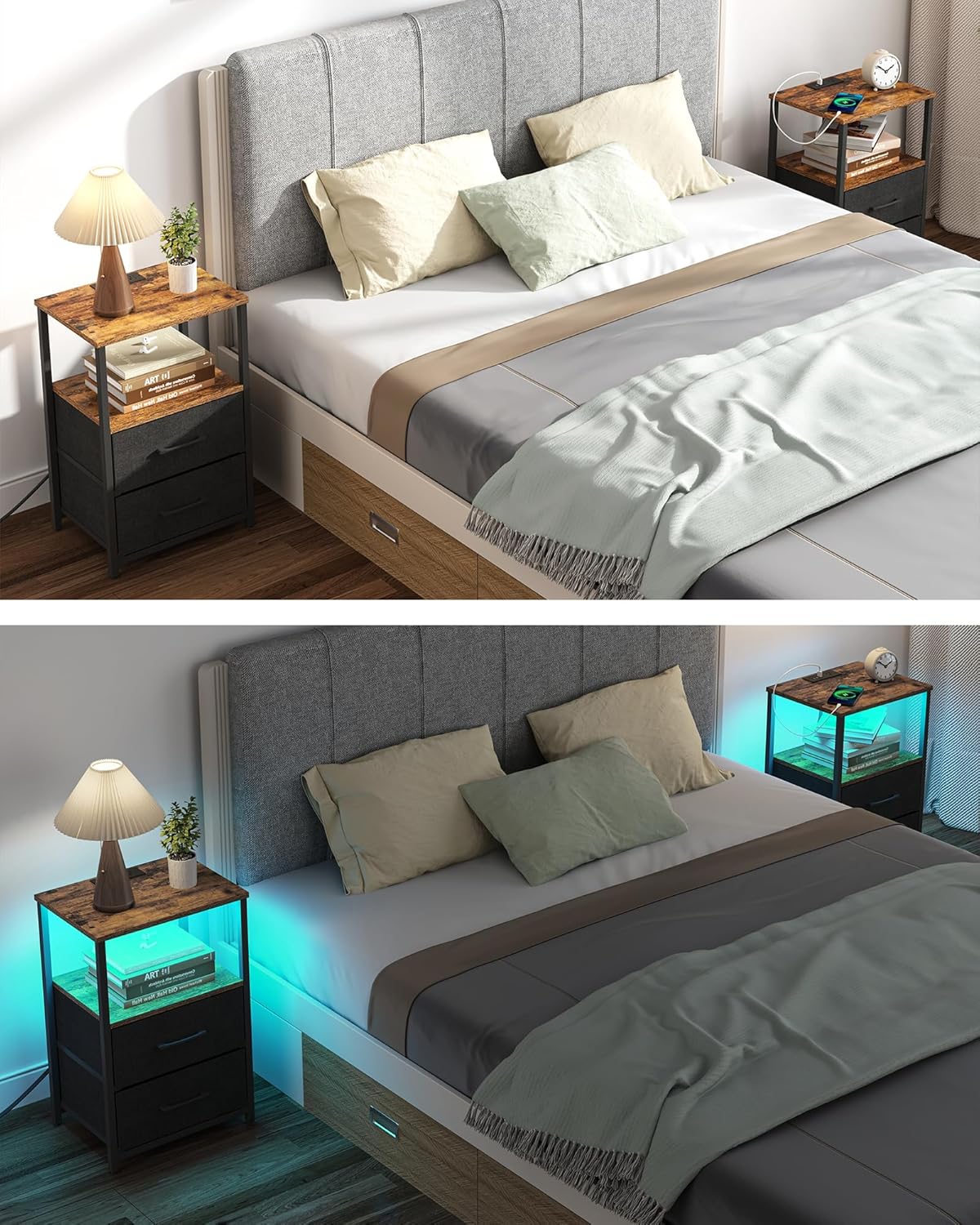End Table with Charging Stat, Side Table USB Ports and Outlets,