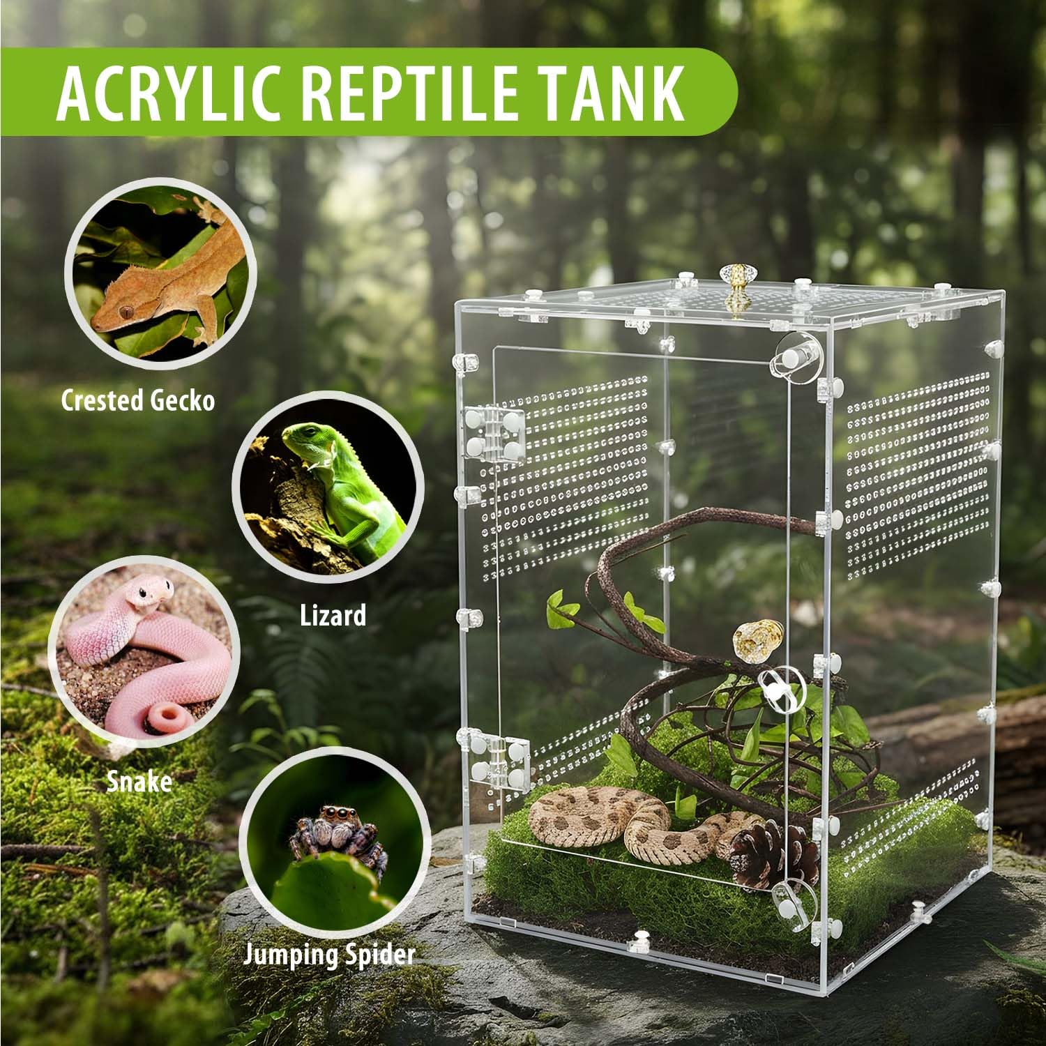 Recinto para reptiles de 10 galones para geco crestado, lagarto, dragón barbudo, serpientes, ranas, arañas grandes, terrario de alimentación de tanque de reptiles acrílico con puertas de apertura