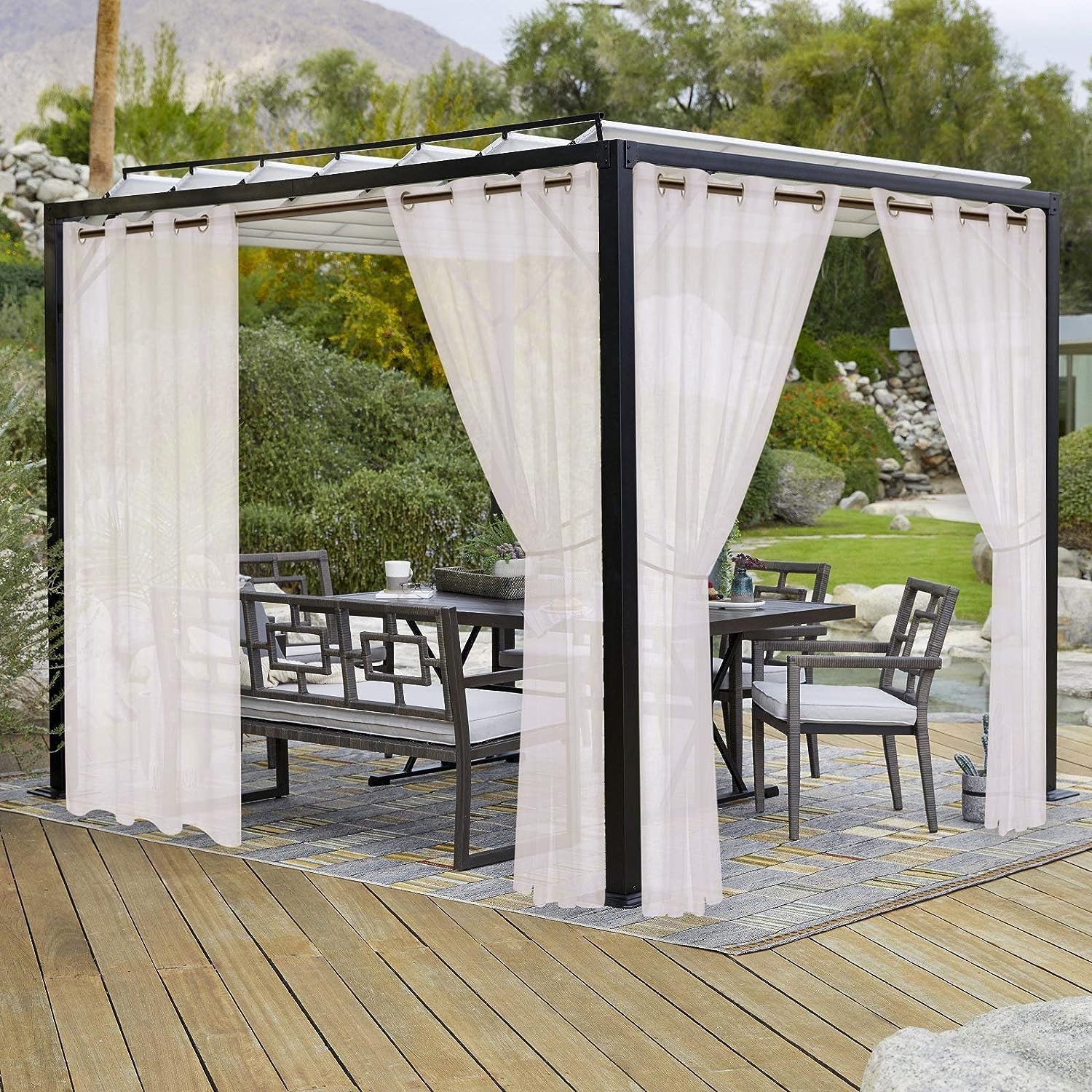 LORDTEX Burlap Linen Look Outdoor Curtains for Patio - 2 Panels Waterproof Sheer Curtains for Pergola, Porch, Cabana and Gazebo Grommet Indoor/Outdoor Voile Sheer Drapes (52 x 84 inch, Ivory)