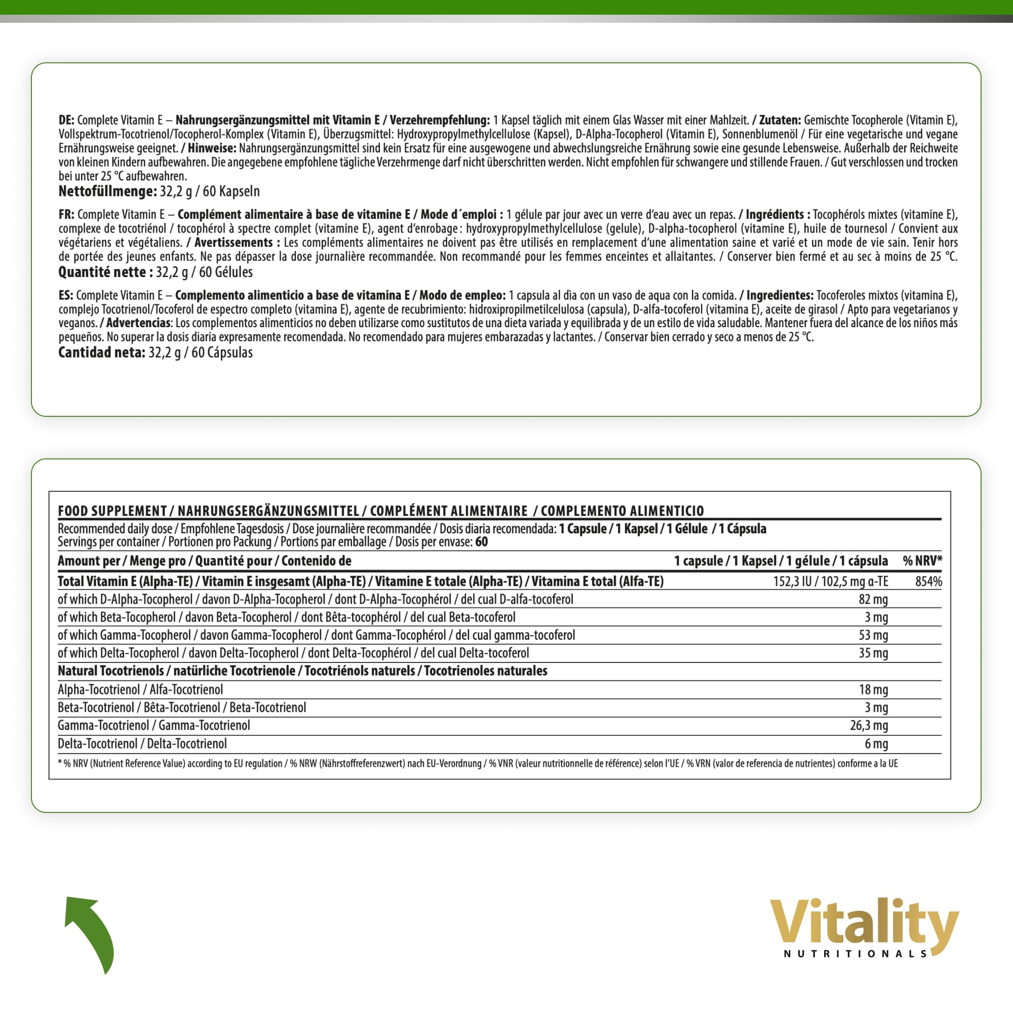 Complete Vitamin E Kapseln I Natürliches D-Alpha-Tocopherol und Tocotrienol mit hoher Bioverfügbarkeit (60 Stk) Antioxidans für Haut Haare Augen Muskeln Vitality Nutritionals by VitaminExpress
