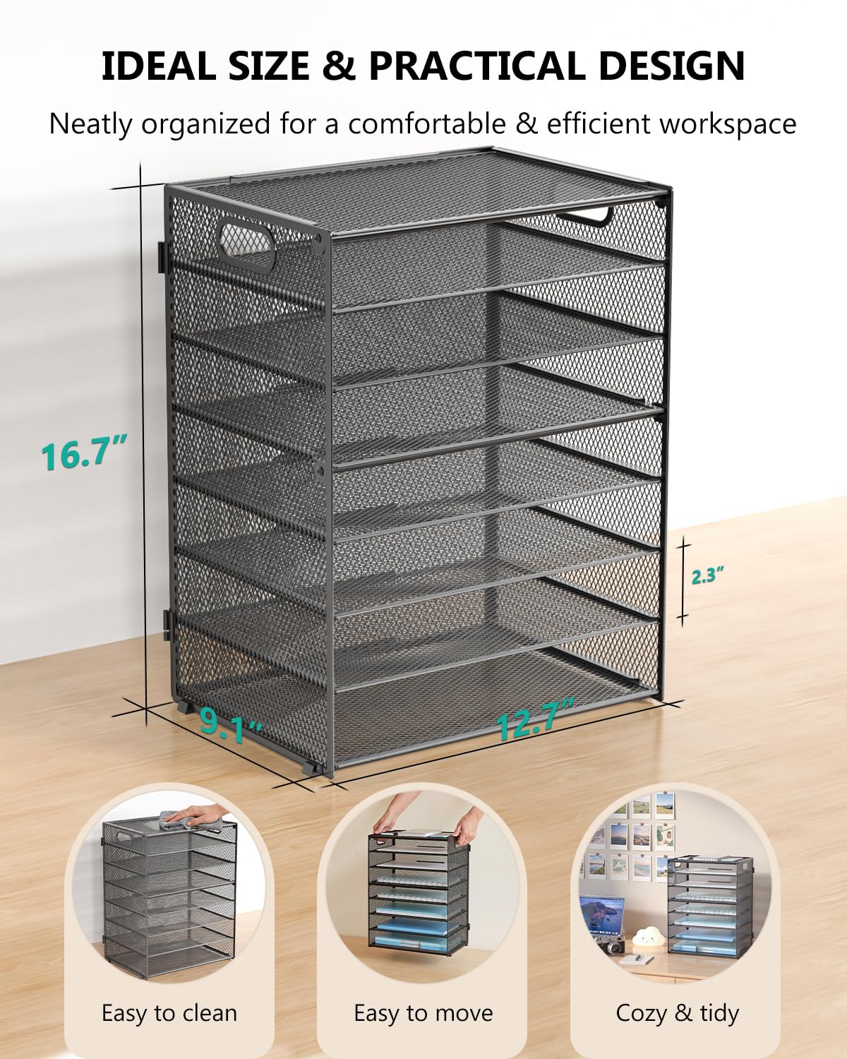 WALI Desk File Organizer, 8 Tier Desktop Paper Letter Tray Organizer with Handle, Office Desk Accessories & Workspace Organizers for Office, Home, School Supplies, 1 Pack, Black view 8