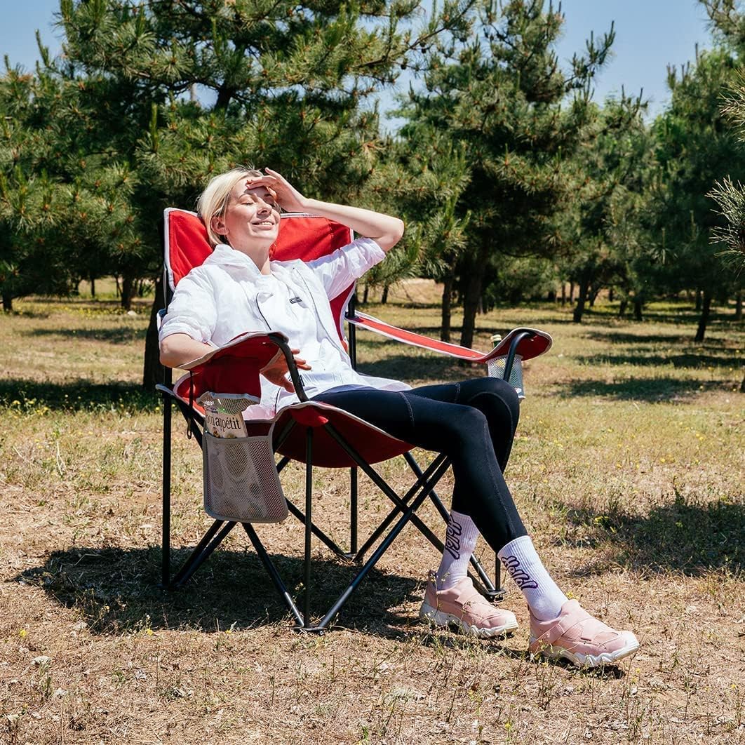 KingCamp Oversized Camping Chair, Portable Folding Outdoor Chairs with Comfortable Padded Seat, Side Pocket and Cup Holder for Fishing, Tailgates, Beach, Lawn, RED